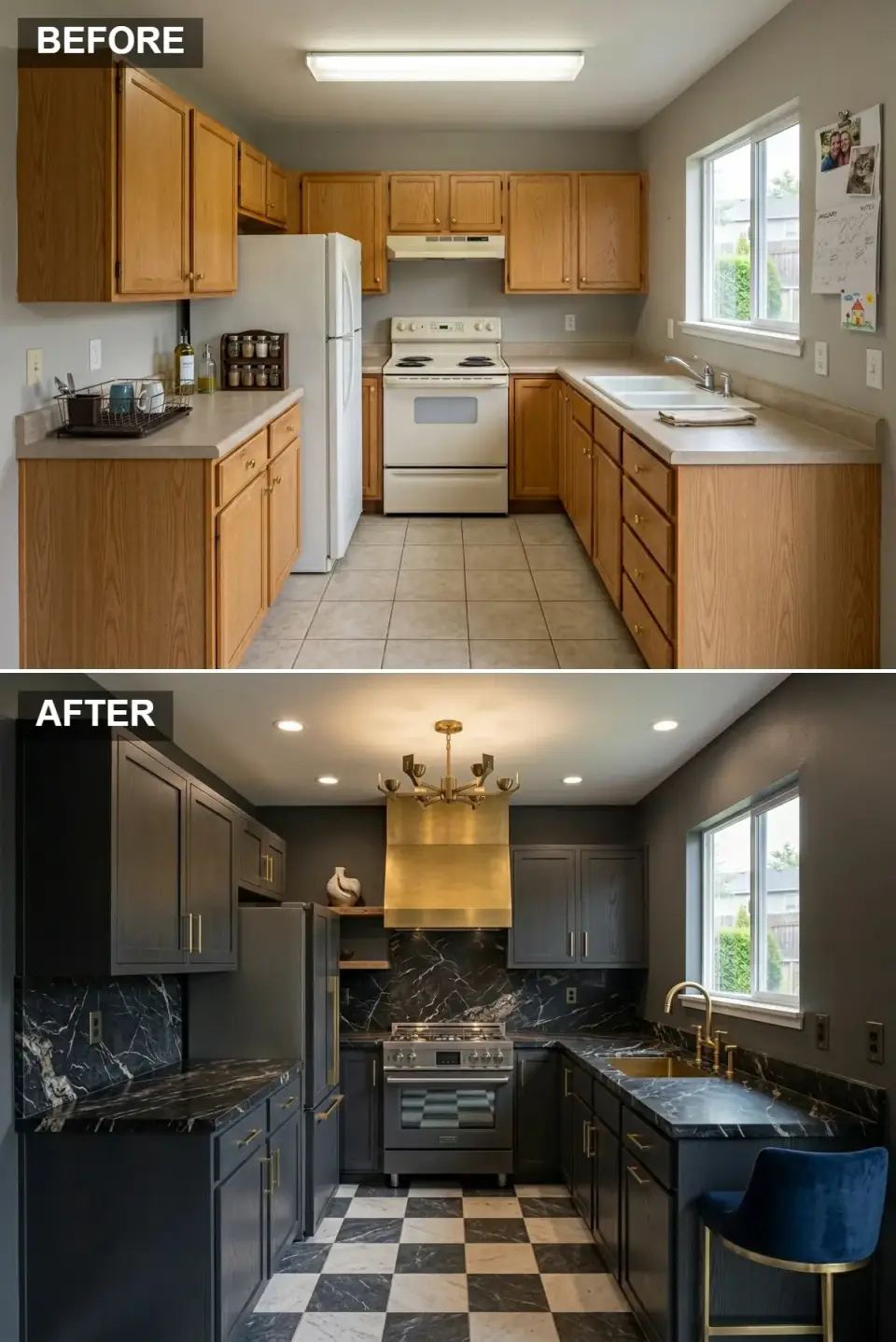 Luxury kitchen with ink navy cabinetry Nero Marquina black marble counters monumental brass range hood walnut open shelves and checkerboard marble floor
