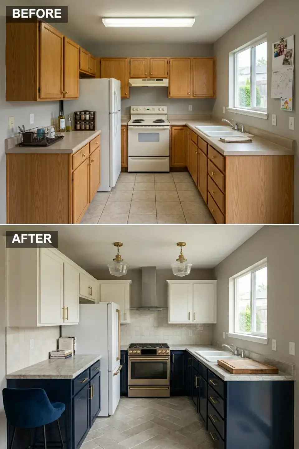 Two tone navy and white coastal kitchen with crown molding upper cabinets gray porcelain herringbone floor white zellige backsplash and twin bell jar pendants