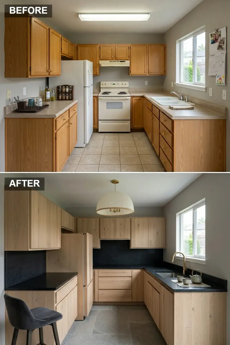 Wabi sabi kitchen with vertical raw pine cabinetry black soapstone counters slate look porcelain floor white paper pendant matte black faucet and ceramic tea set