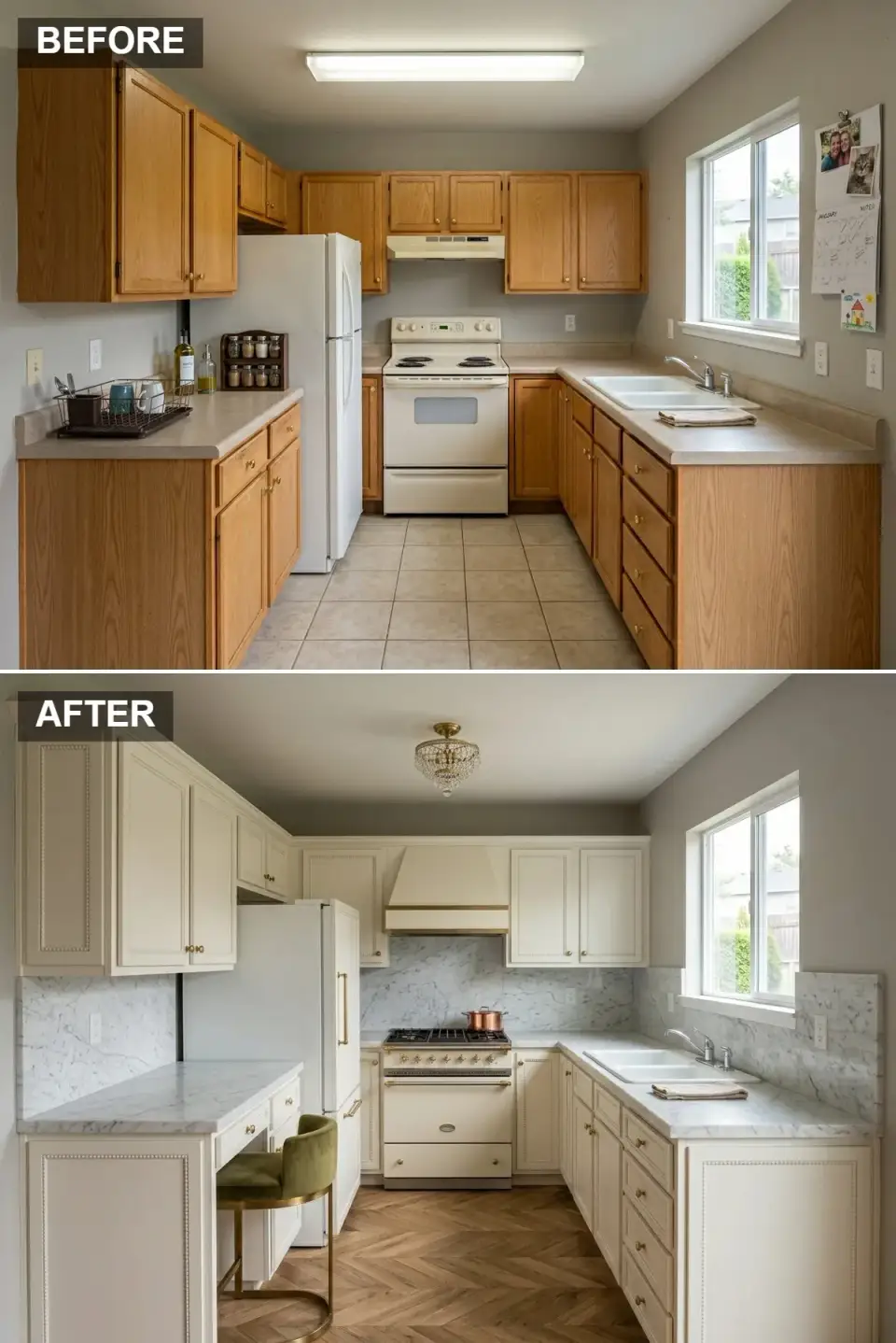 Parisian cream kitchen with beaded inset cabinetry herringbone oak floor marble countertops vintage white range and crystal semi flush mount