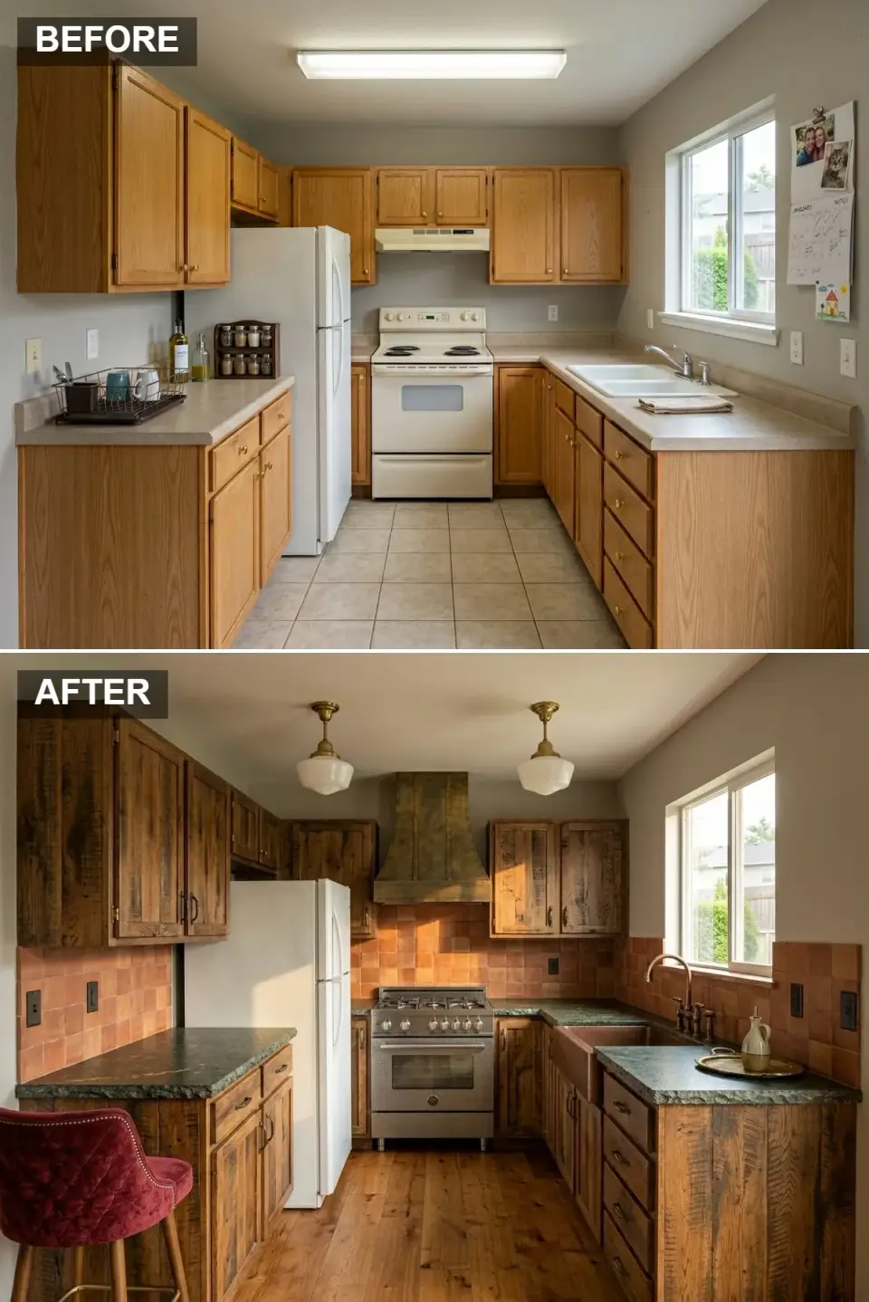 Rustic revival kitchen with reclaimed wood cabinetry terracotta zellige backsplash hammered copper apron sink and milk glass pendants