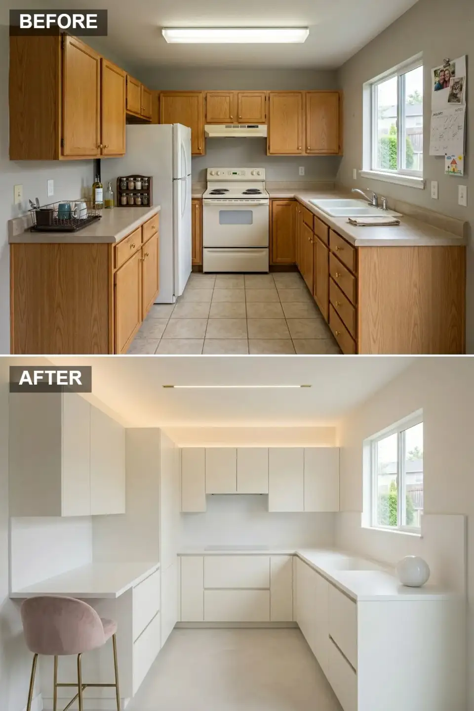 All white minimalist kitchen with handle less flat panel doors integrated induction cooktop panel ready refrigerator LED cove lighting and mauve velvet stool