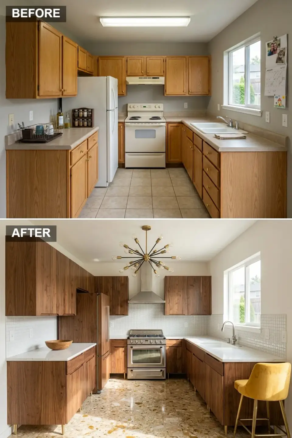 Midcentury walnut kitchen with vertical grain slab cabinetry polished cream terrazzo floor white micro mosaic backsplash and brass sputnik chandelier