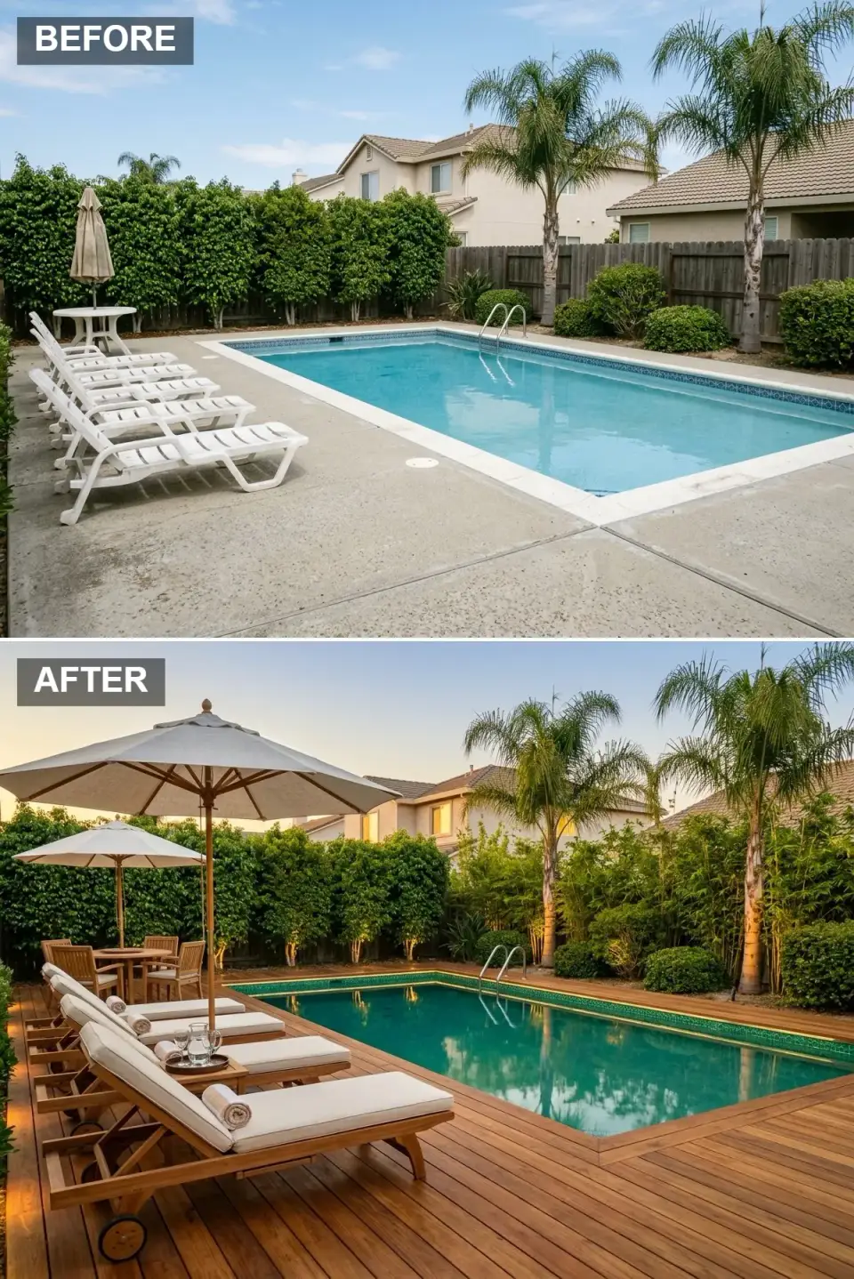 Backyard pool deck makeover in resort tropical style with warm teak wood decking, plush teak loungers and white cushions, large canvas umbrella, and dense bamboo and palm plantings along the fence