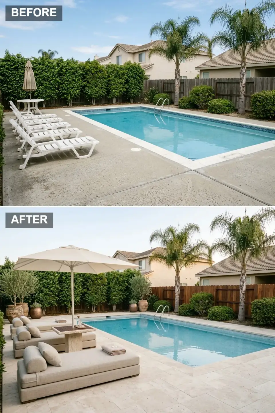 Luxury pool deck with ivory travertine pavers, oversized upholstered daybeds and chaise lounges in oatmeal linen, large high-quality umbrella, dark walnut privacy fence, and large potted olive trees