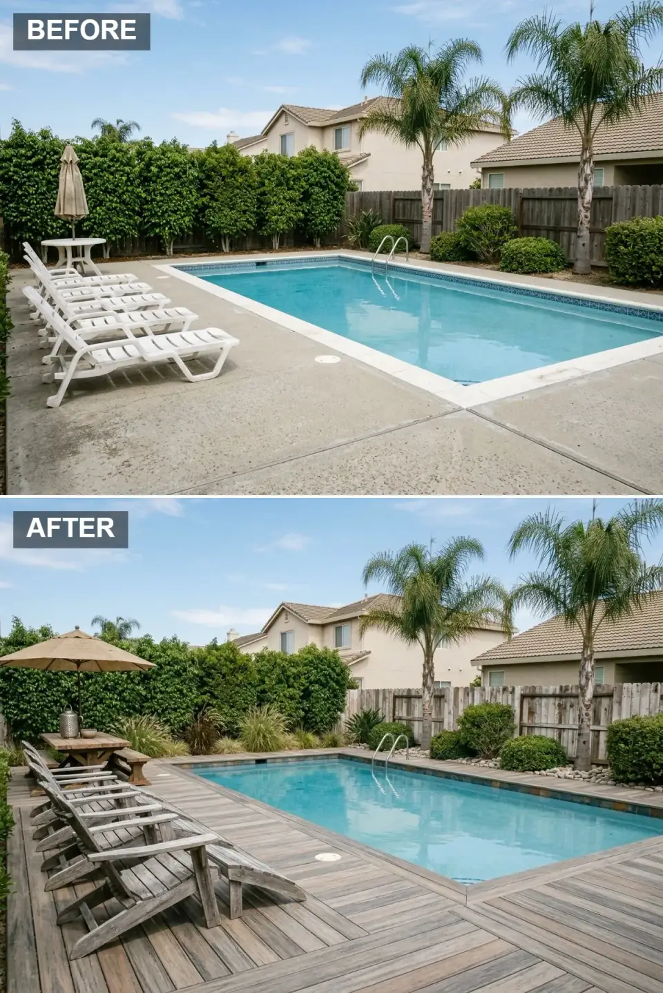 Casual rustic pool deck with weathered oak wood decking, classic Adirondack-style wood loungers, rough-sawn pine picnic table, ornamental grasses and river rock landscaping borders, and a tan canvas umbrella