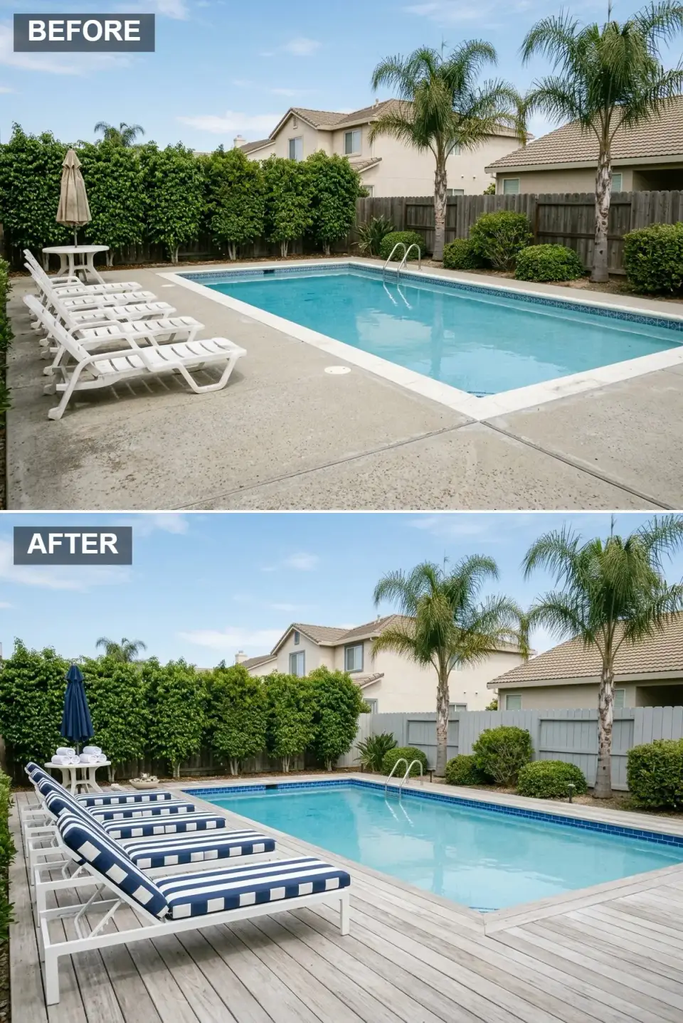 Coastal nautical pool deck with light driftwood grey wood decking, white powder-coated frame loungers with navy and white striped cushions, navy umbrella, and crisp coordinated towels
