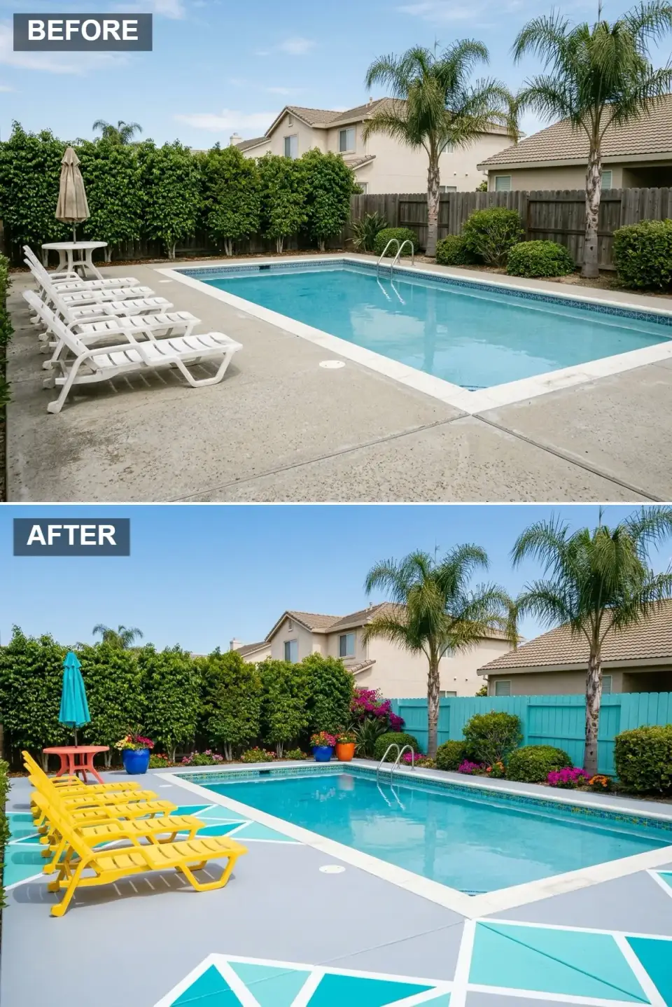 Pool deck painted in a large-scale turquoise and white geometric pattern, with bright yellow lounge chairs, a small red side table, and a turquoise-painted wooden fence