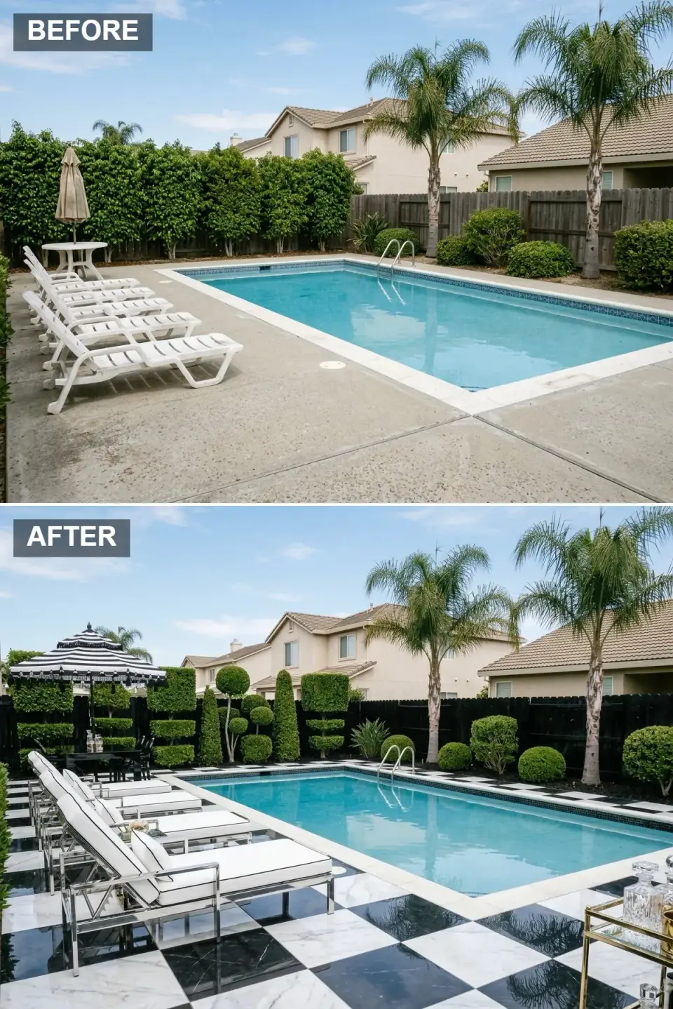 Pool deck in Hollywood Regency style with black and white checkered marble tile, chrome-framed loungers with white cushions and black piping, black and white striped umbrella, manicured topiary, and a black-painted fence