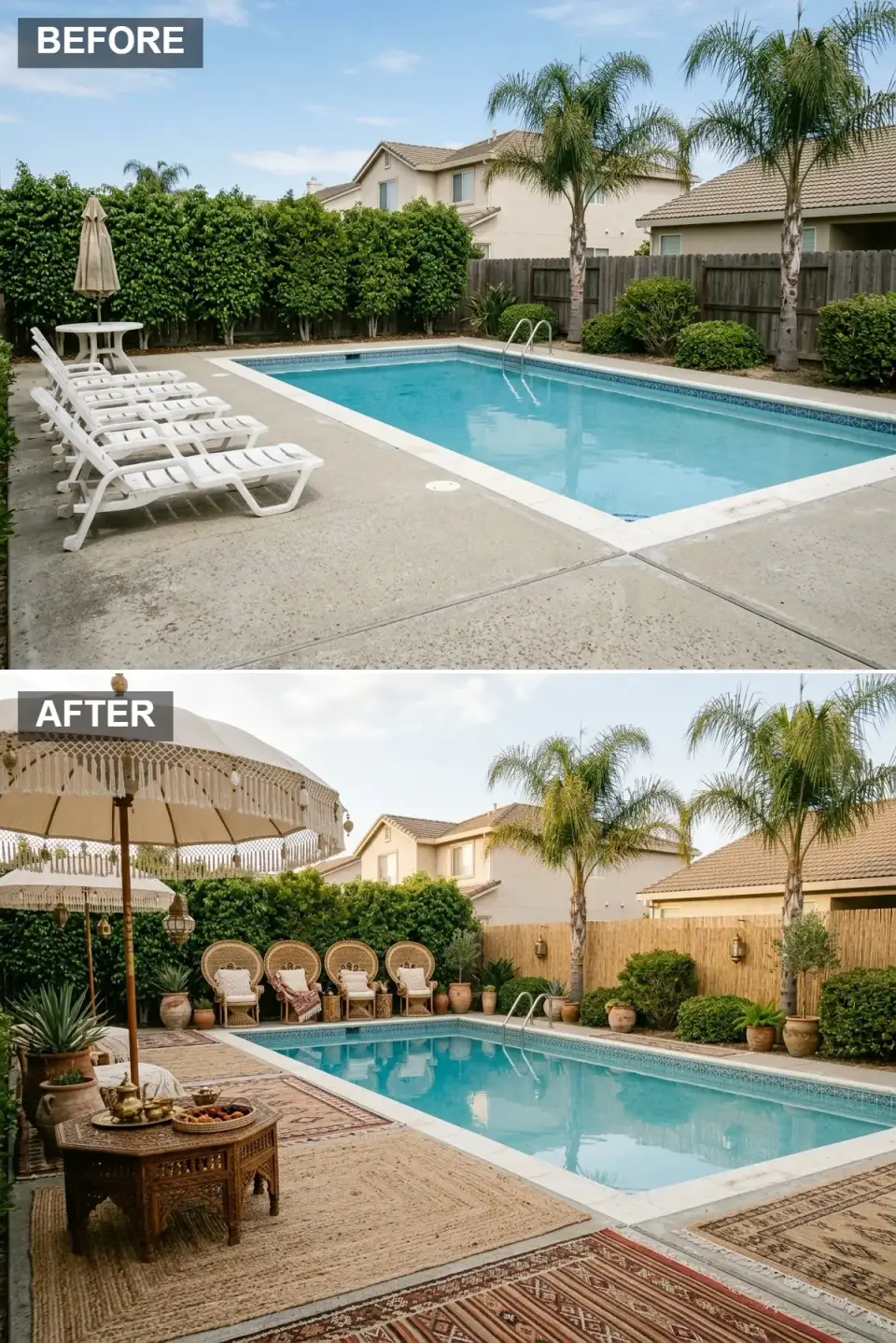 Bohemian pool deck with layered jute and patterned outdoor rugs, peacock-style rattan chairs, low wooden tables, floor cushions, bamboo reed fence screen, parasols, Moroccan lanterns, and terracotta pots