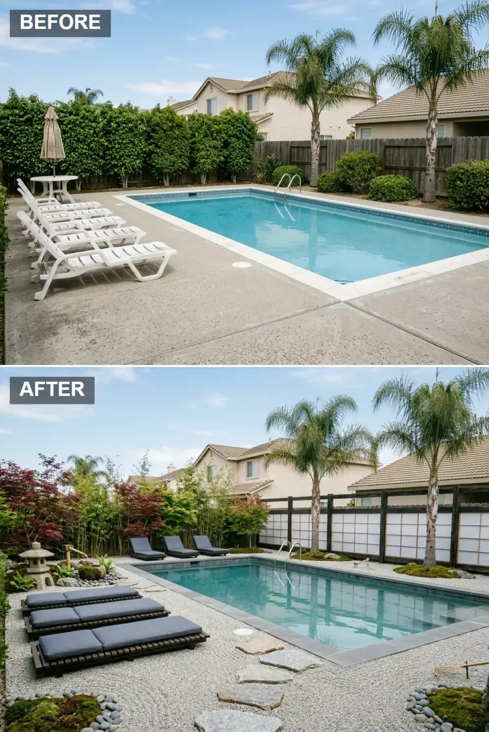 Zen pool deck with light grey gravel, large stepping stone path, low minimalist dark wood loungers with grey cushions, Japanese shoji-style fence panels, bamboo plantings, stone lantern, and a bamboo water feature