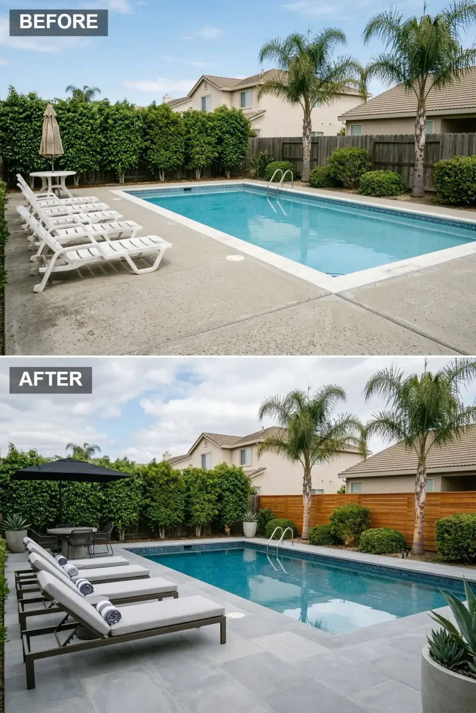 Contemporary pool deck with large-format dove grey pavers, mid-grey loungers, black umbrella and side table, horizontal cedar slat fence, and large concrete planters with agave