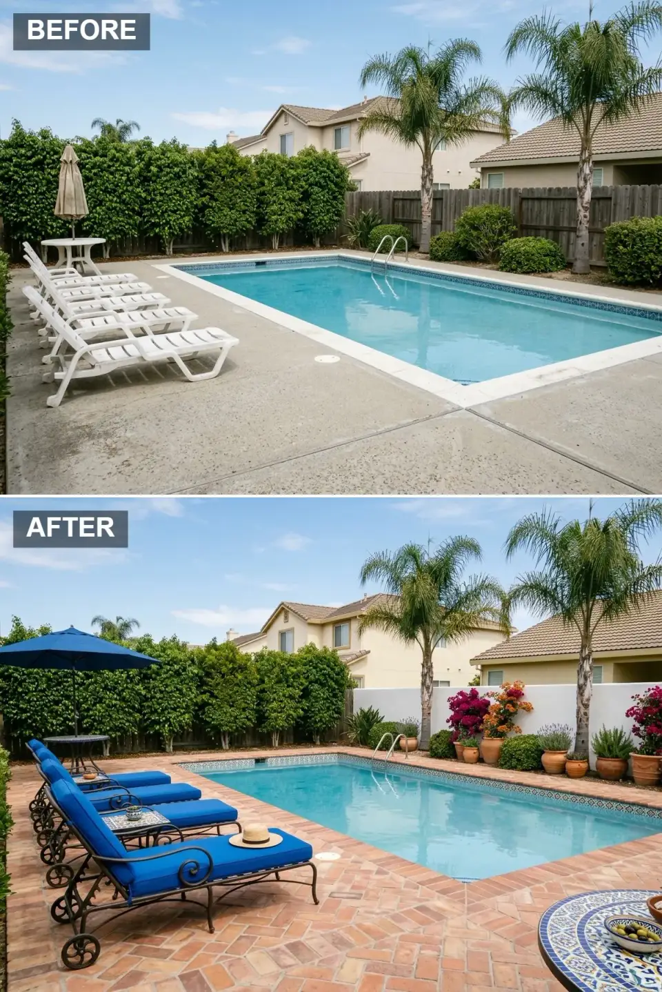 Mediterranean pool deck with terracotta brick herringbone flooring, wrought iron loungers with cobalt blue cushions, blue umbrella, white stuccoed back wall, bougainvillea, terracotta pots, and a mosaic-tiled side table