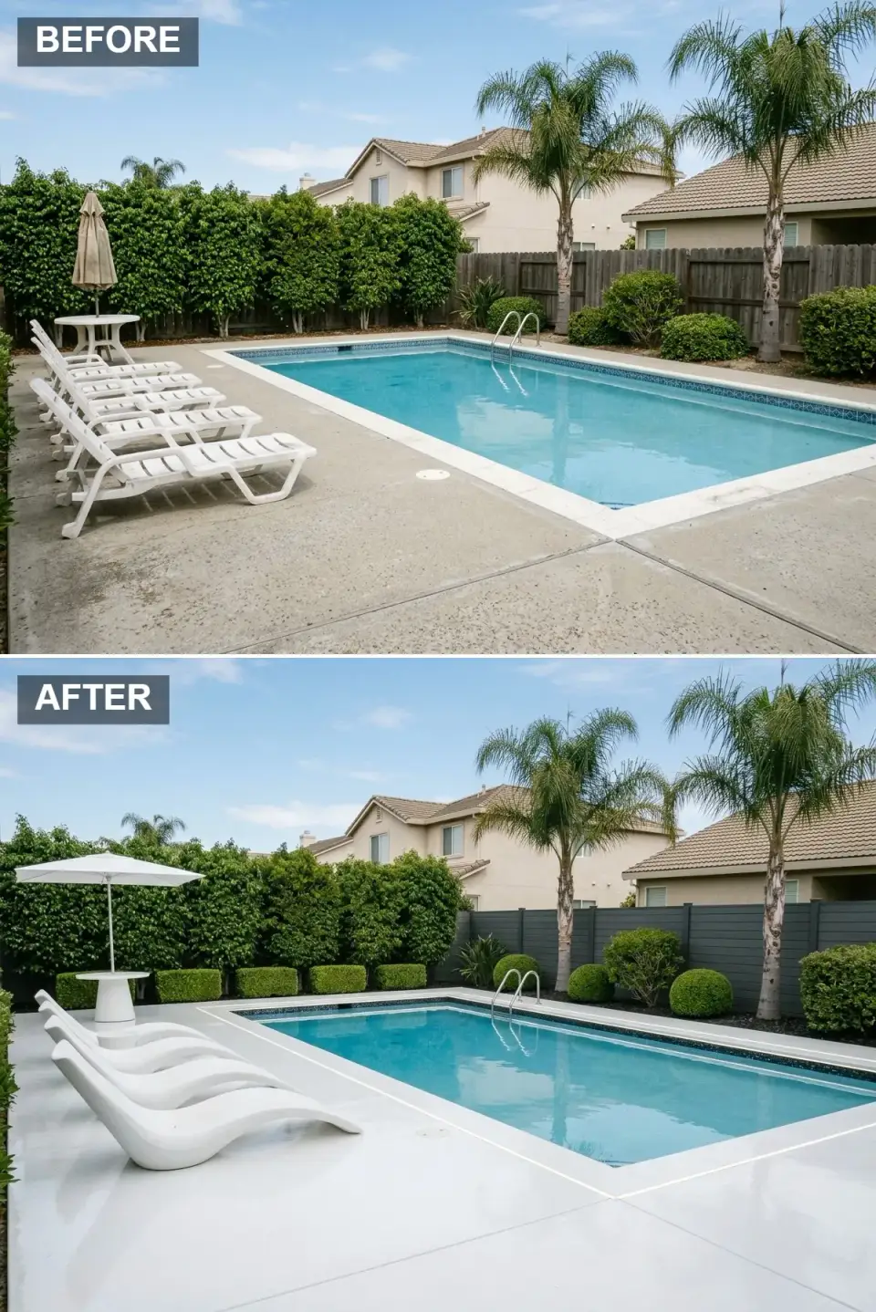 Ultra-modern all-white pool deck with poured glossy white floor, sculptural curved white lounge chairs, white umbrella and table, slate grey fence, and geometric green hedges