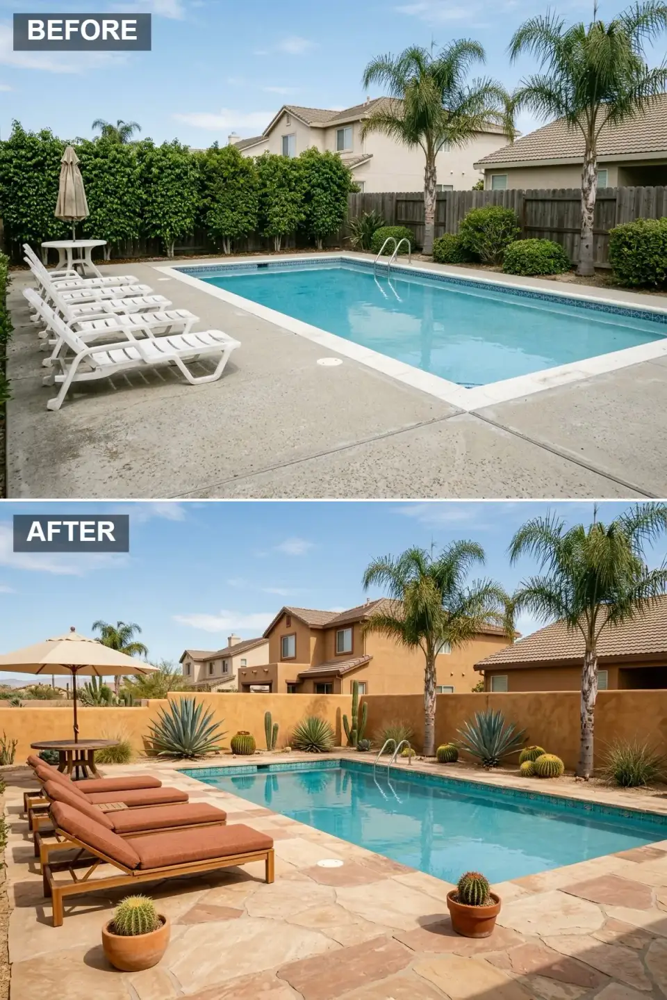 Desert Southwest pool deck with irregular sandstone flagstone paving, sturdy wooden loungers with rust terracotta cushions, adobe-style stuccoed walls, and cacti and agave landscaping