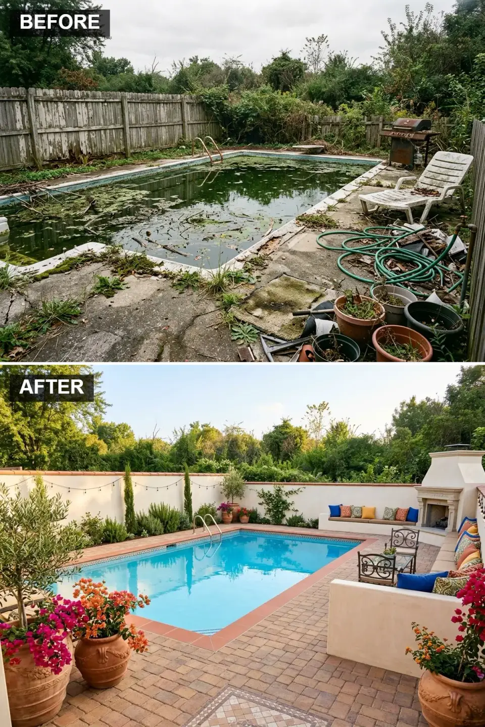 Mediterranean pool courtyard with cream stucco walls, terracotta coping, brick pavers and potted olive trees Charleston