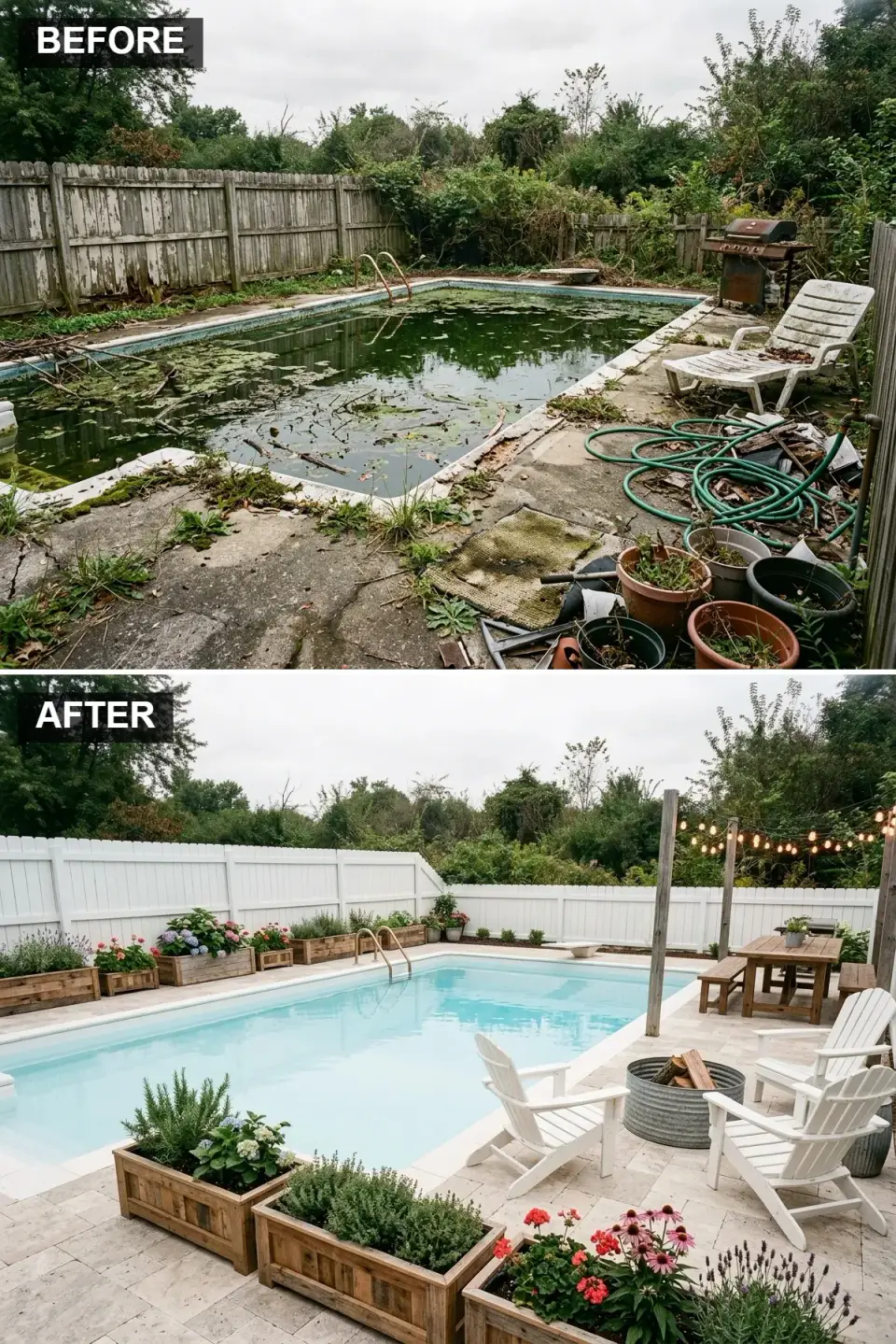 Rustic farmhouse pool area with travertine pavers, white vinyl fence, reclaimed wood planters, galvanized fire ring and Adirondack chairs