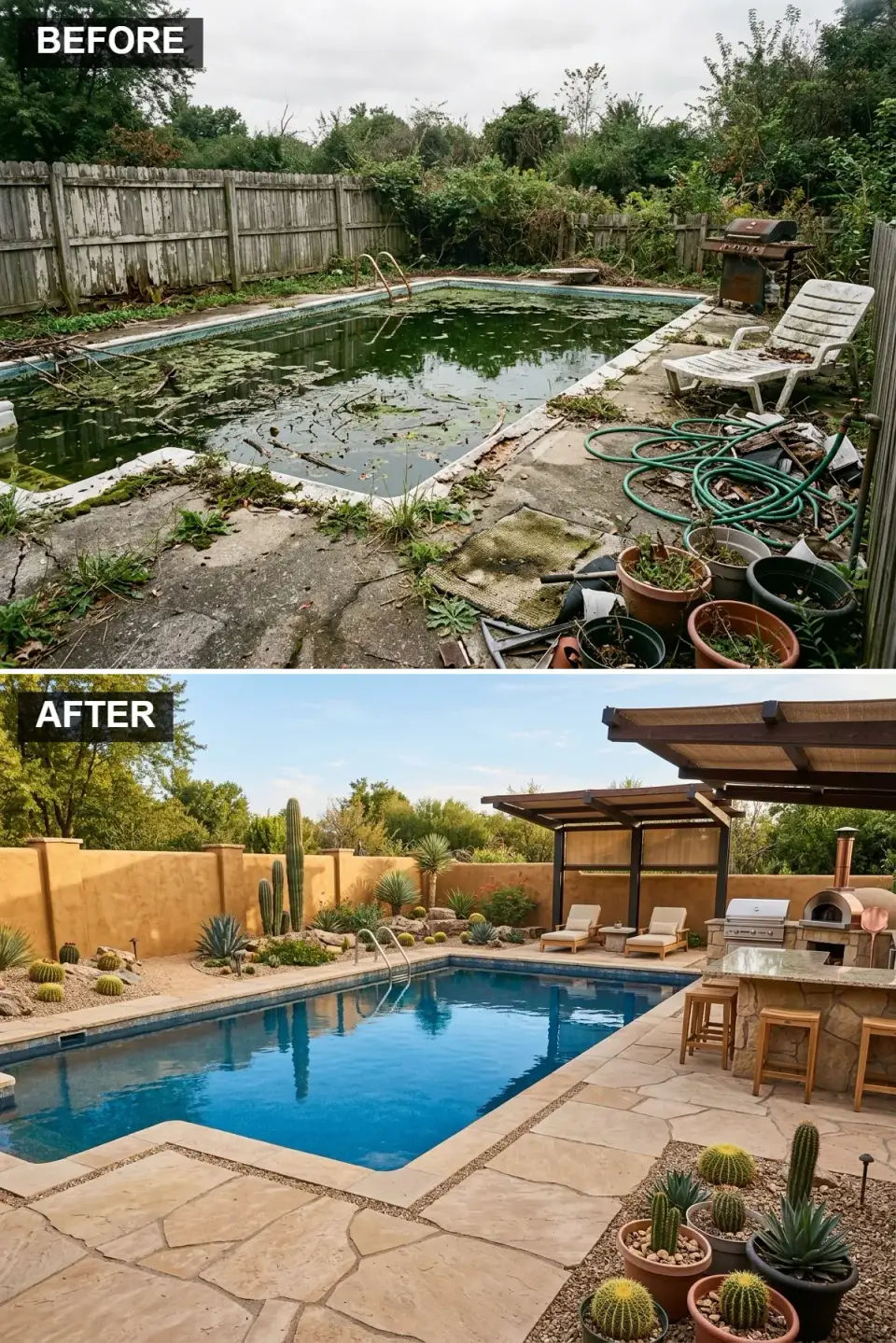 Southwest-style pool with adobe walls, flagstone paving, agave and cacti, outdoor pizza oven and two timber pergolas