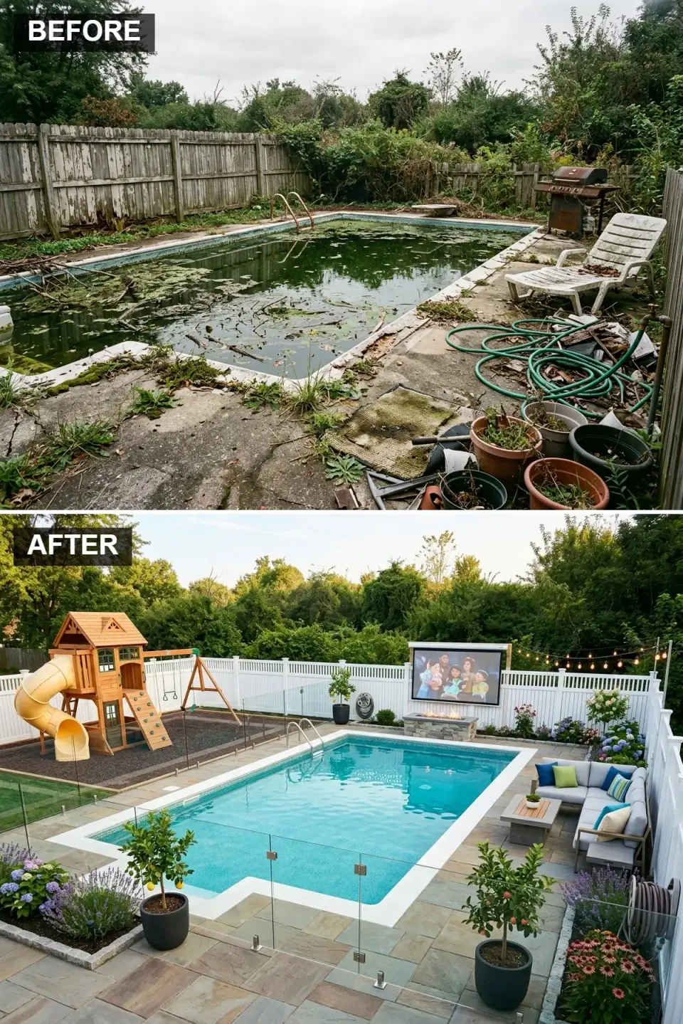 Family-friendly pool backyard with frameless glass safety fence, white vinyl perimeter, outdoor movie screen, sectional and cedar playset