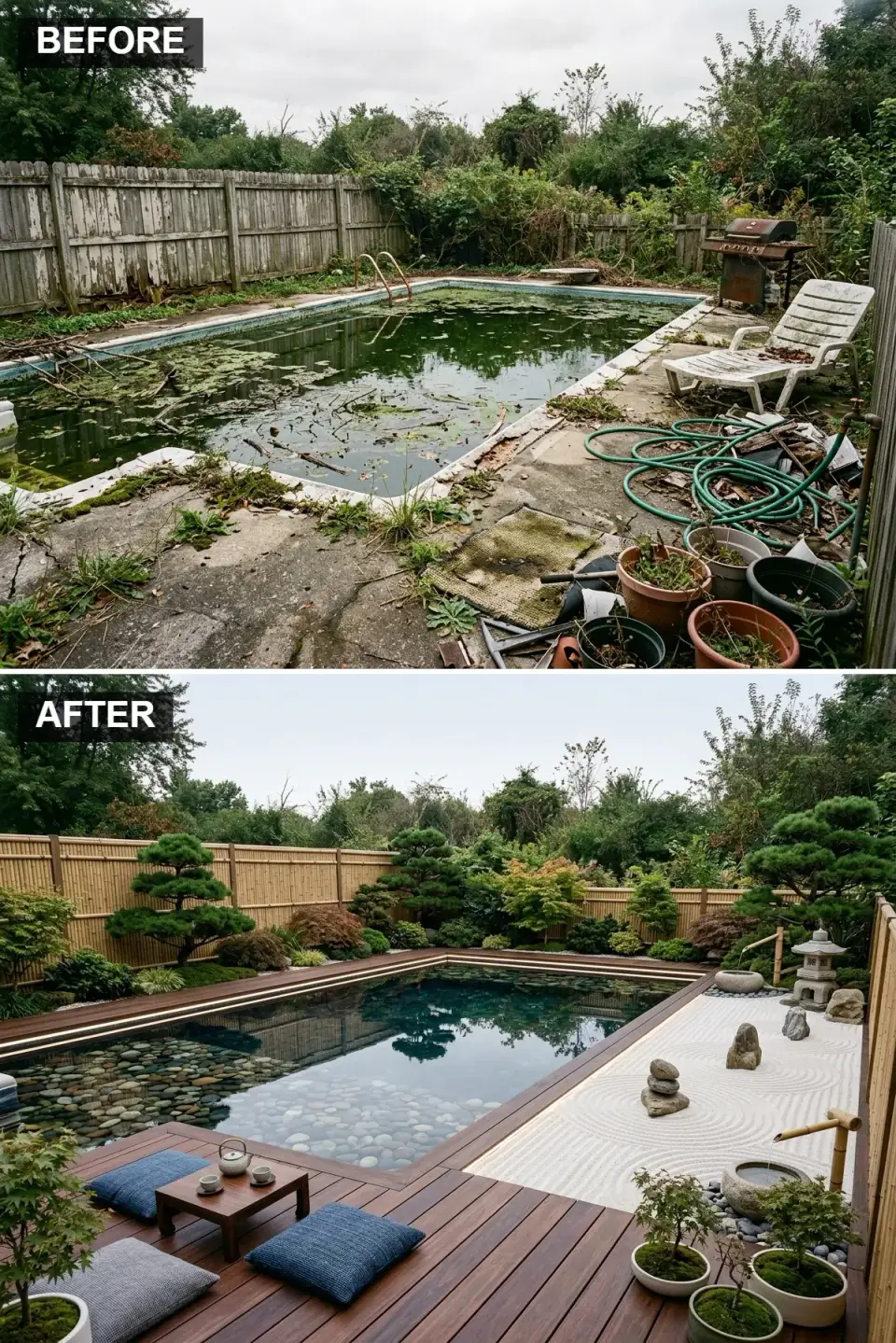 Japanese-style pool with dark Ipe deck, bamboo screen fence, raked gravel kare-sansui garden, stone lantern and Japanese maple
