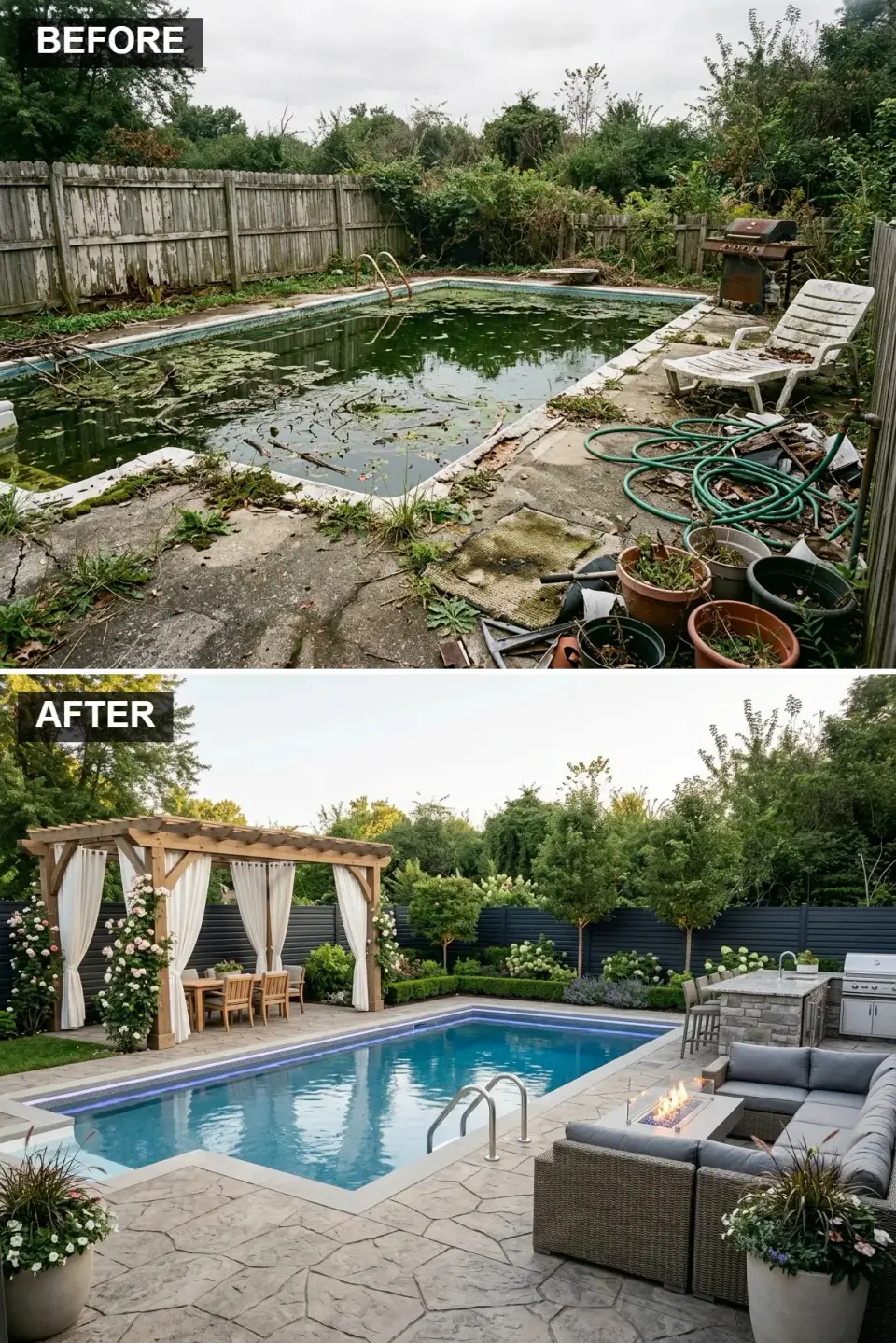 Classic pool patio with stamped concrete, cedar pergola, stacked stone outdoor kitchen with bar seating and dark horizontal fence
