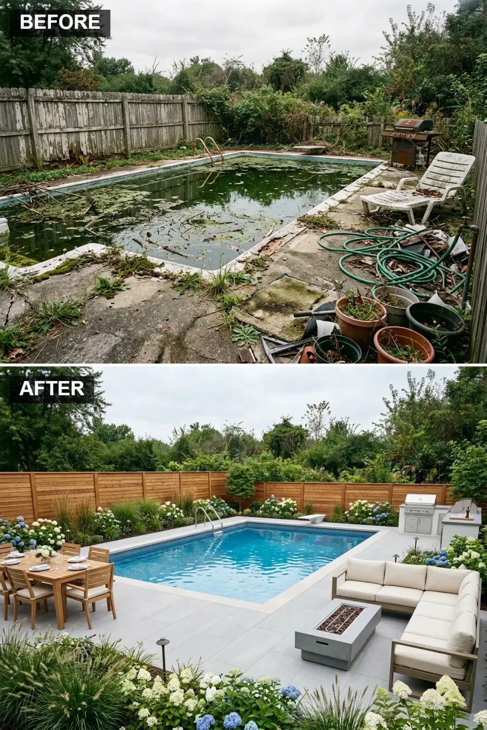 Hamptons-inspired pool with large-format travertine pavers, horizontal cedar fence, cream sectional and teak dining set
