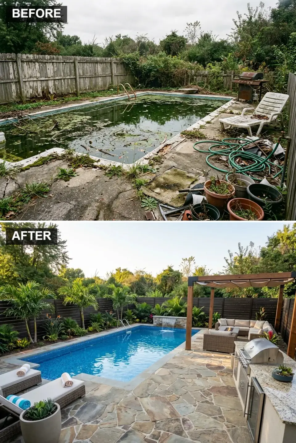 Tropical pool retreat with flagstone pavers, dark pergola with retractable canopy, stone waterfall and dense palm planting