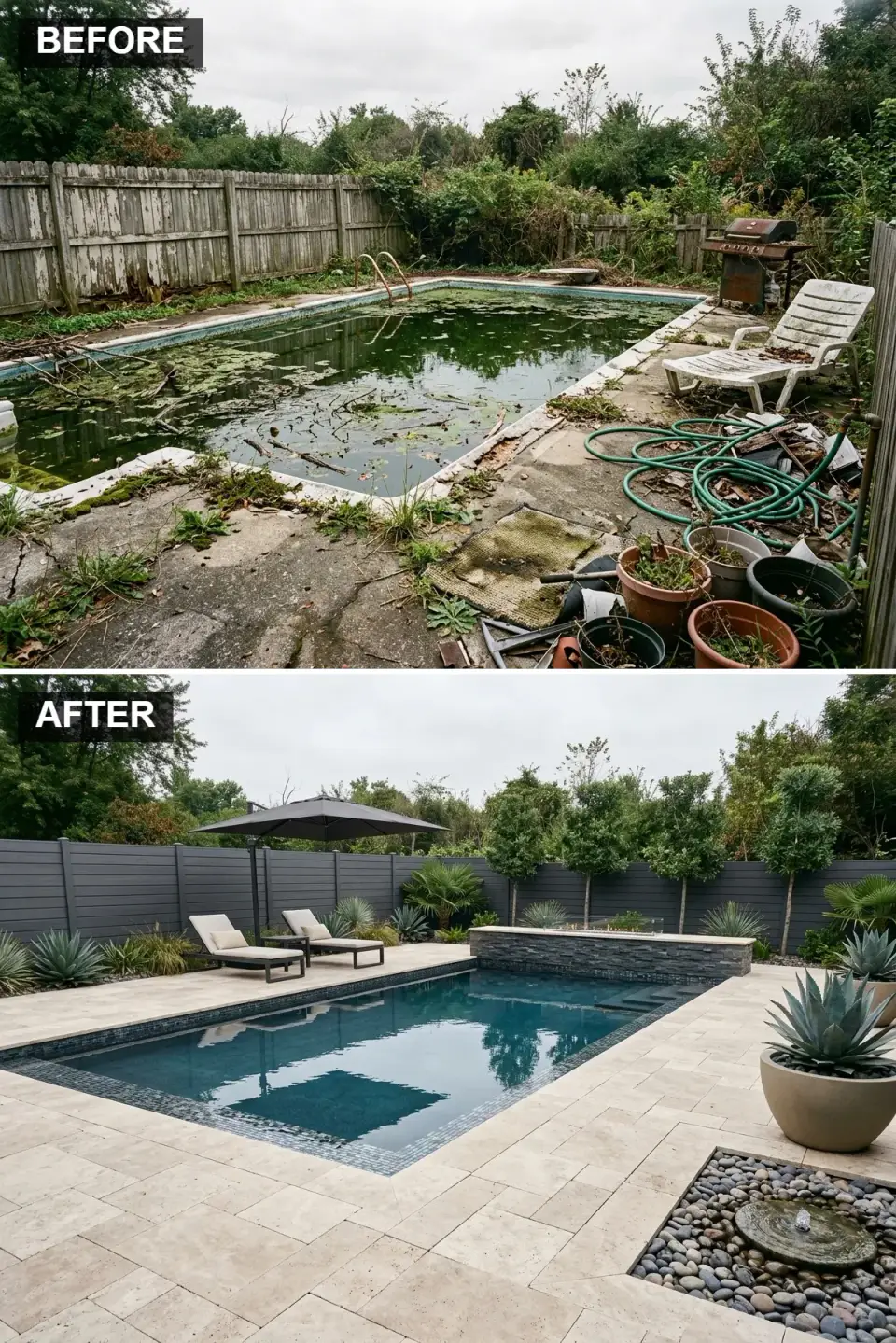 Contemporary pool area with ivory travertine pavers, matte black fence, stacked slate water and fire feature wall and agave in concrete planters