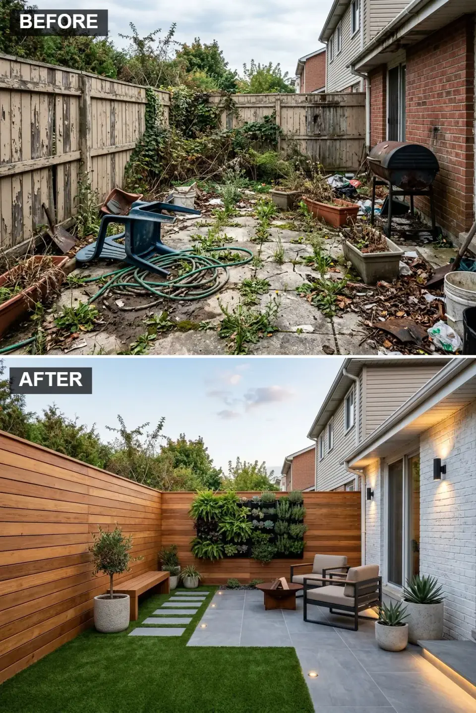 Patio transformation with horizontal cedar slat privacy fence, vertical living wall planter, large-format porcelain tiles, artificial turf zone, matte-black armchairs, built-in bench, and concrete bowl fire pit
