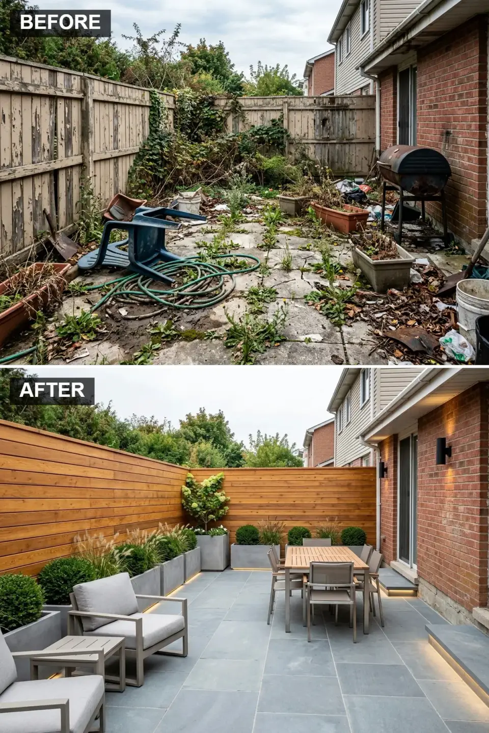Classic patio with warm horizontal wood fence, large-format bluestone flagstone pavers, long concrete planters with boxwood and hydrangea, teak dining set, teak lounge armchairs, subtle step LED lighting