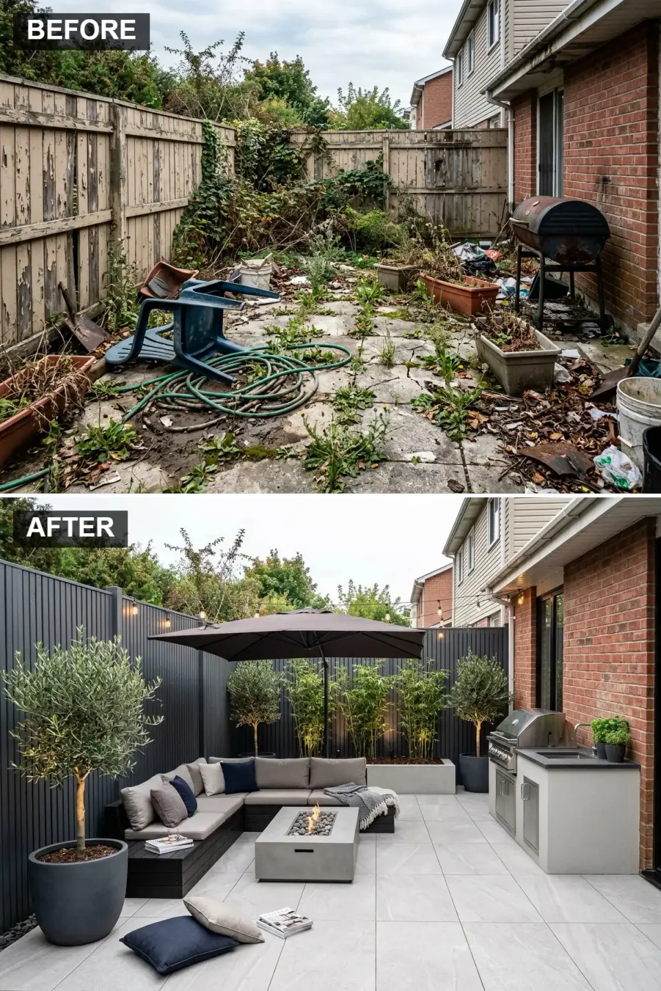 Evening patio with black vertical slat fence, pale grey porcelain pavers, concrete fire table with L-shaped sectional, built-in black bench, outdoor kitchen grill, zigzag string lights overhead, potted olive trees and bamboo
