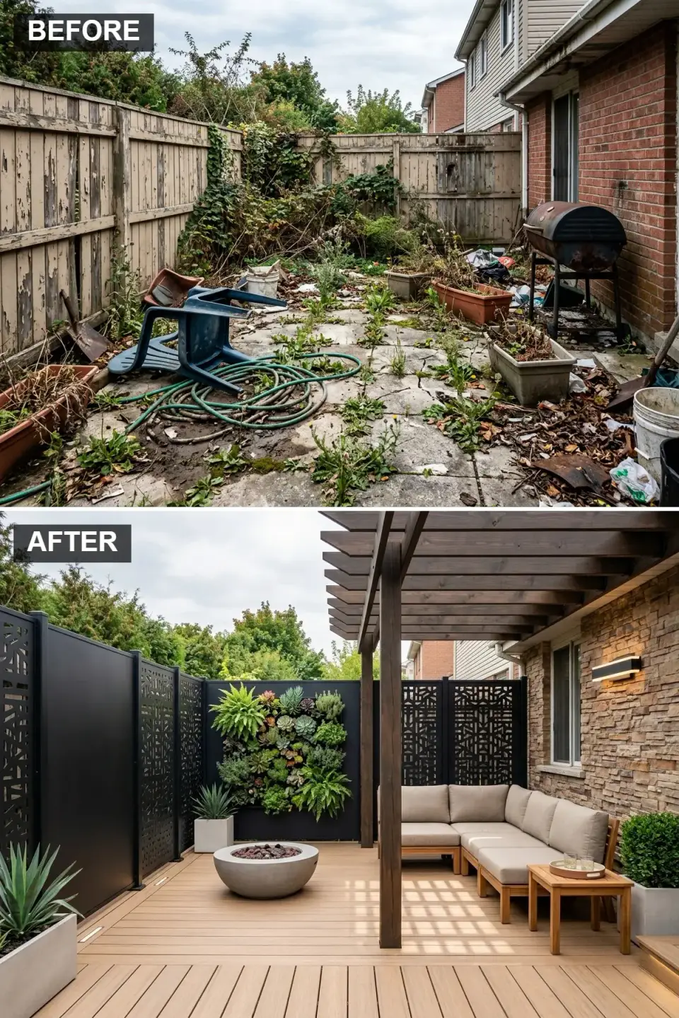 Patio with dark espresso wood pergola over lounge area, warm composite teak decking, large outdoor sectional, concrete fire bowl, geometric black metal privacy screens, vertical succulent wall, stacked stone veneer house wall