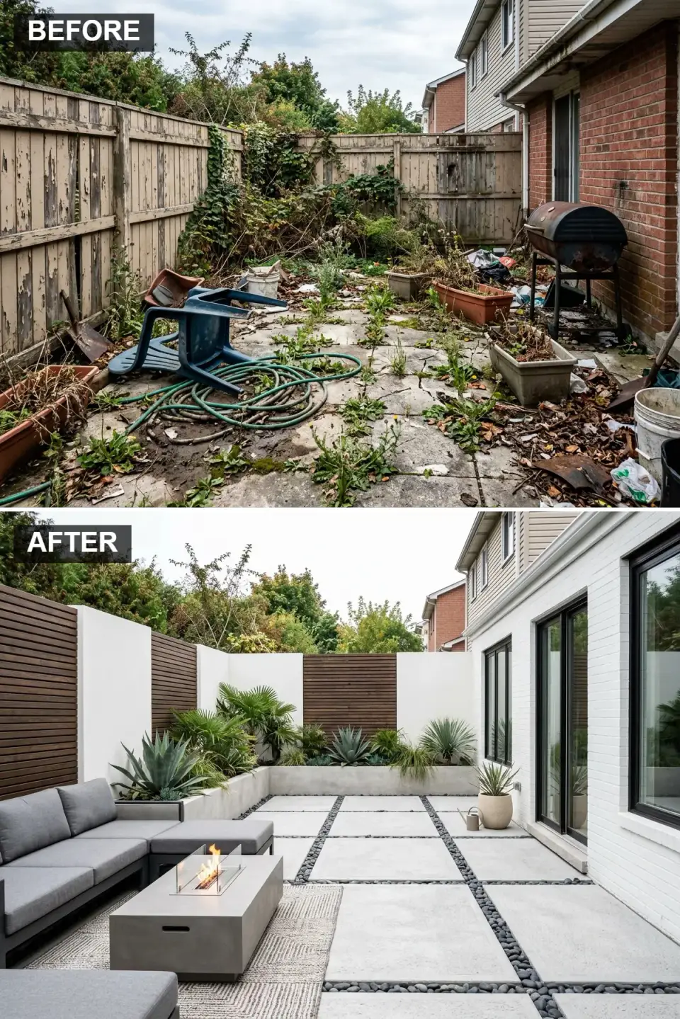 Zen minimalist patio with white rendered stucco walls, horizontal dark wood accent walls, grid of large concrete pavers separated by black river stone channels, built-in concrete bench with modern fire table, architectural agave and yucca plantings