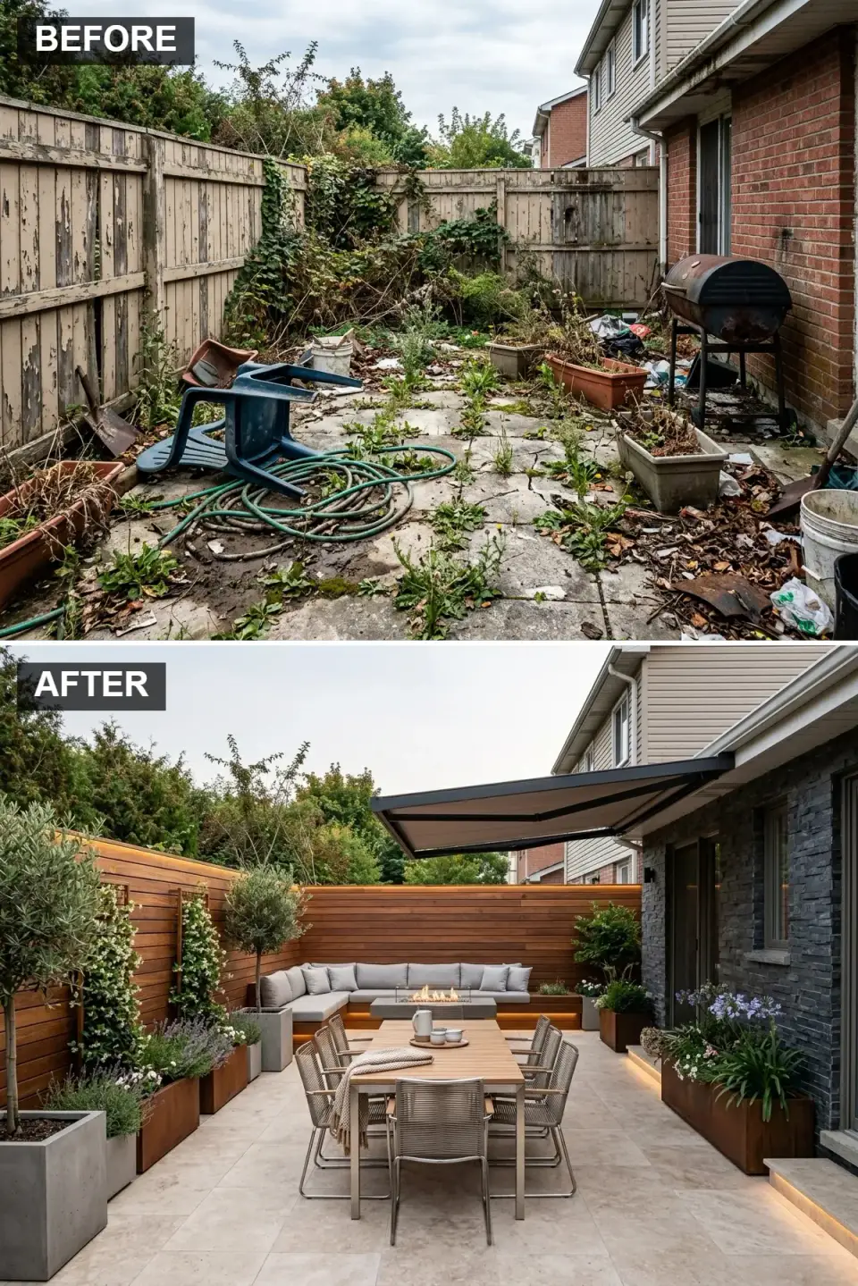 Modern patio with beige travertine pavers, warm horizontal wood fence with integrated LED strip top cap, retractable fabric awning attached to house, long wooden dining table with modern chairs, built-in corner seating with fire table, rusted corten steel planters