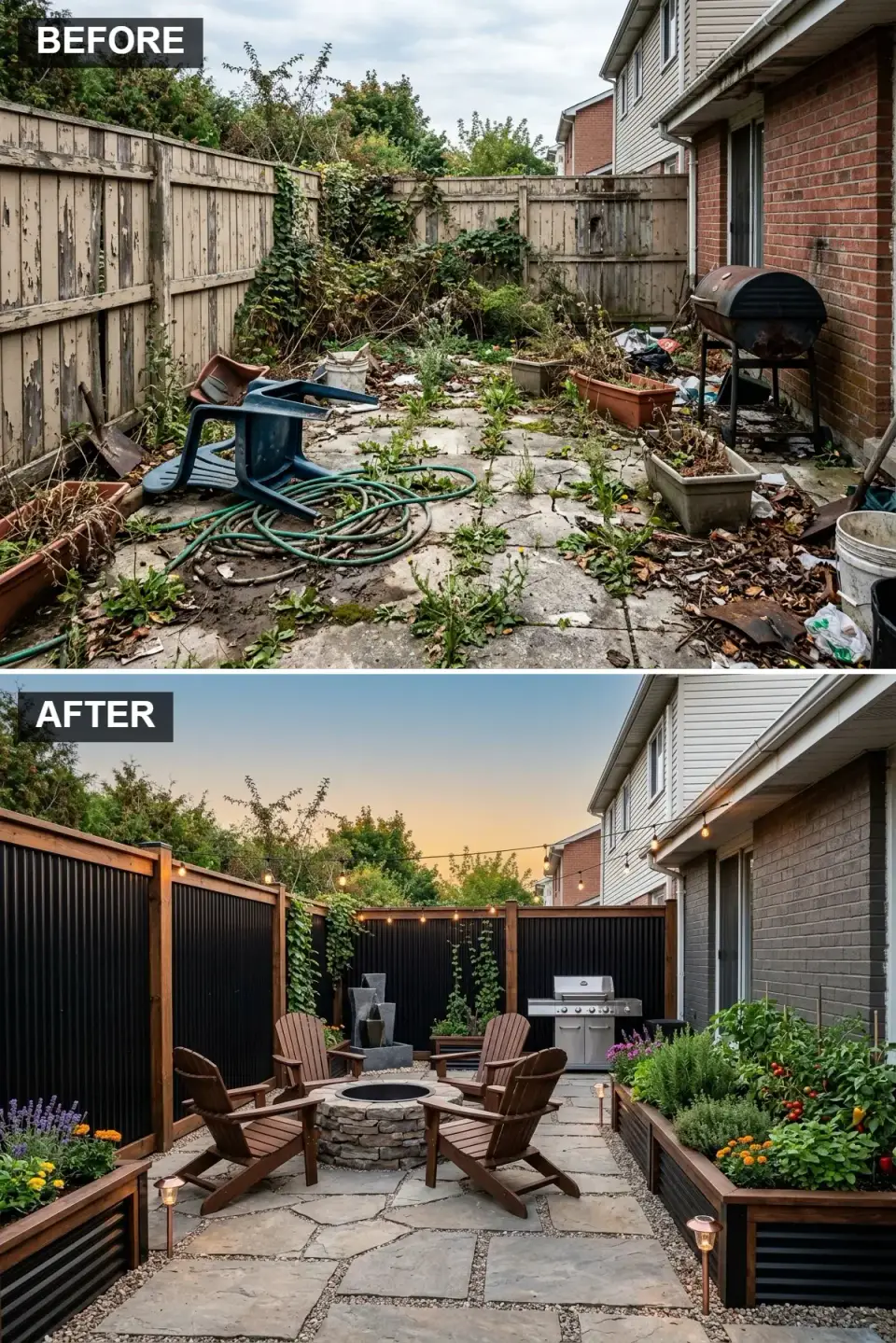 Rustic-modern patio with black corrugated metal fence panels and chunky wood posts, irregular flagstone patio with pea gravel joints, circular stacked stone fire pit, four classic wooden Adirondack chairs, raised wood and metal garden beds with vegetables, string lights and small water feature