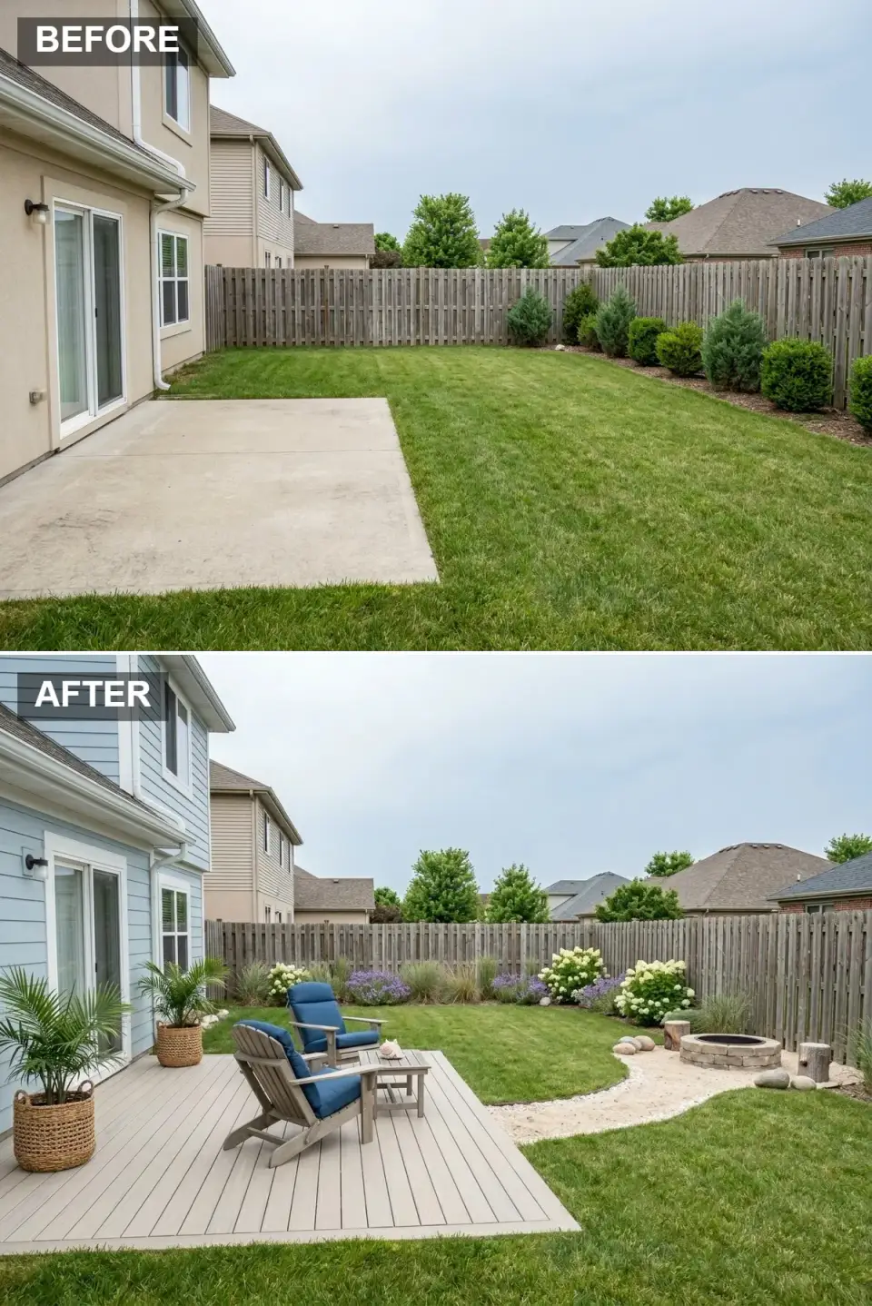 Coastal backyard with light sky blue painted house siding, light grey driftwood-tone composite deck with two Adirondack chairs, curved gravel path leading to circular pea gravel fire pit area with stone fire pit and rustic log seats, potted palms, white hydrangeas