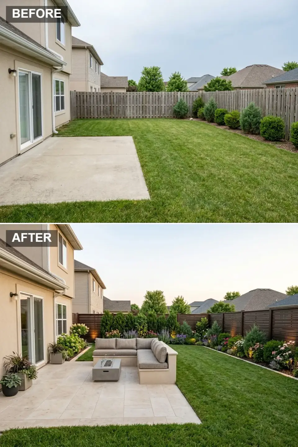Sophisticated outdoor living room with large light beige porcelain tile pavers, built-in L-shaped sectional sofa with greige plush cushions, modern polished concrete fire table, dark espresso horizontal wood fence with integrated lighting, manicured lawn, layered landscaping