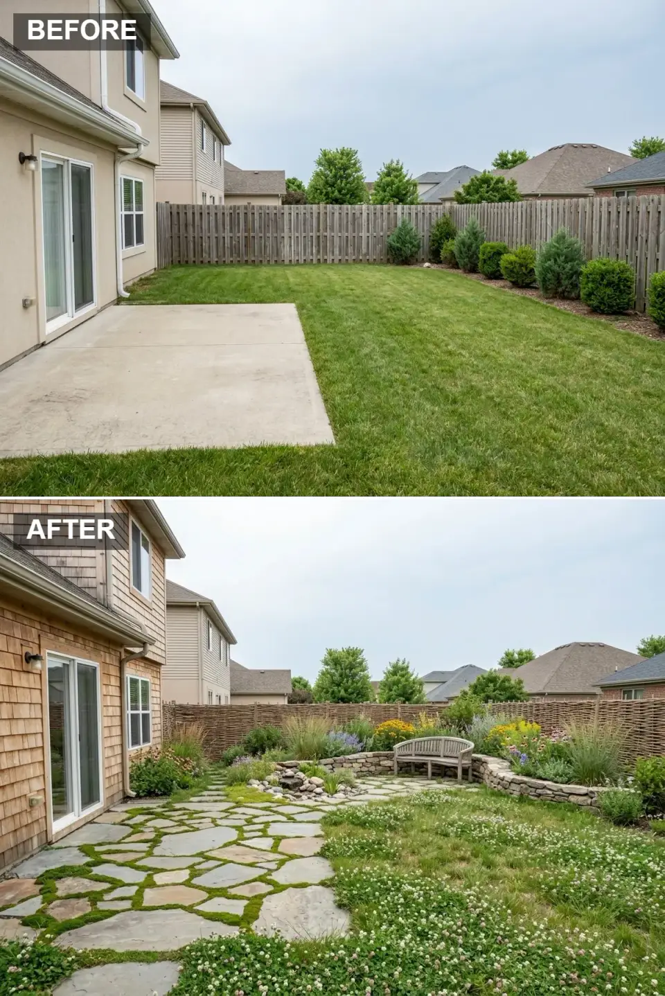Rustic zen backyard with irregular flagstone patio with moss in joints, cedar shake siding house, curving dry-stack stone retaining wall with built-in weathered teak bench, small bubbling rock water feature, and native grasses with wildflowers
