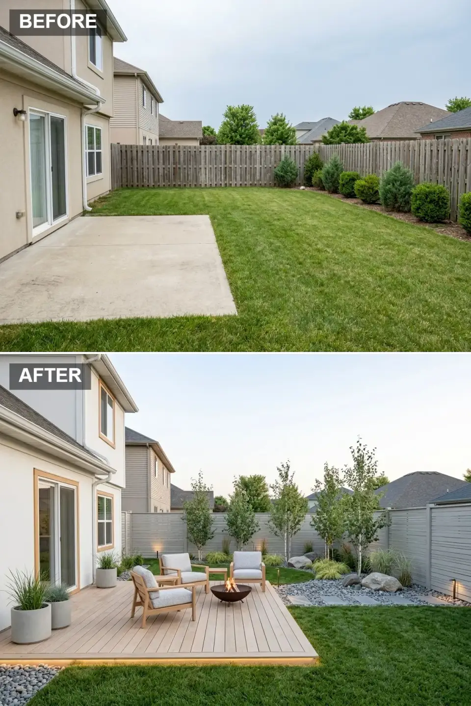 Modern backyard lounge with light oak deck featuring integrated LED step lighting, contemporary horizontal grey slat fence, charcoal steel fire pit bowl surrounded by four pale grey modern armchairs, and a separate zone of grey river rocks accented with birch trees