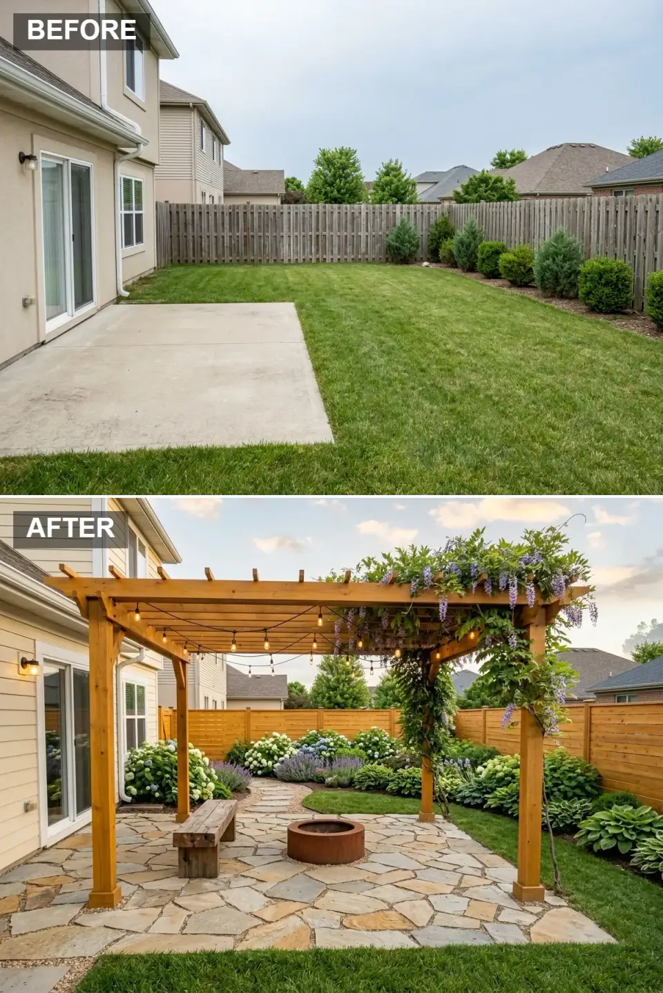 Classic backyard pergola in golden cedar heavily draped with flowering wisteria, large irregular tan flagstone patio with built-in circular rusted-metal fire pit, rustic aged-timber bench, overhead string lights woven through pergola beams, and surrounding garden of hydrangeas and hostas