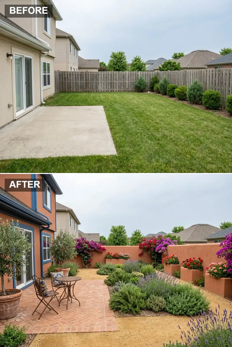 Mediterranean courtyard with terracotta-painted house and matching stucco garden wall, deep sea blue trim contrast, herringbone-pattern brick patio, large potted olive tree, built-in stucco wall planters overflowing with bougainvillea, geraniums, and lavender