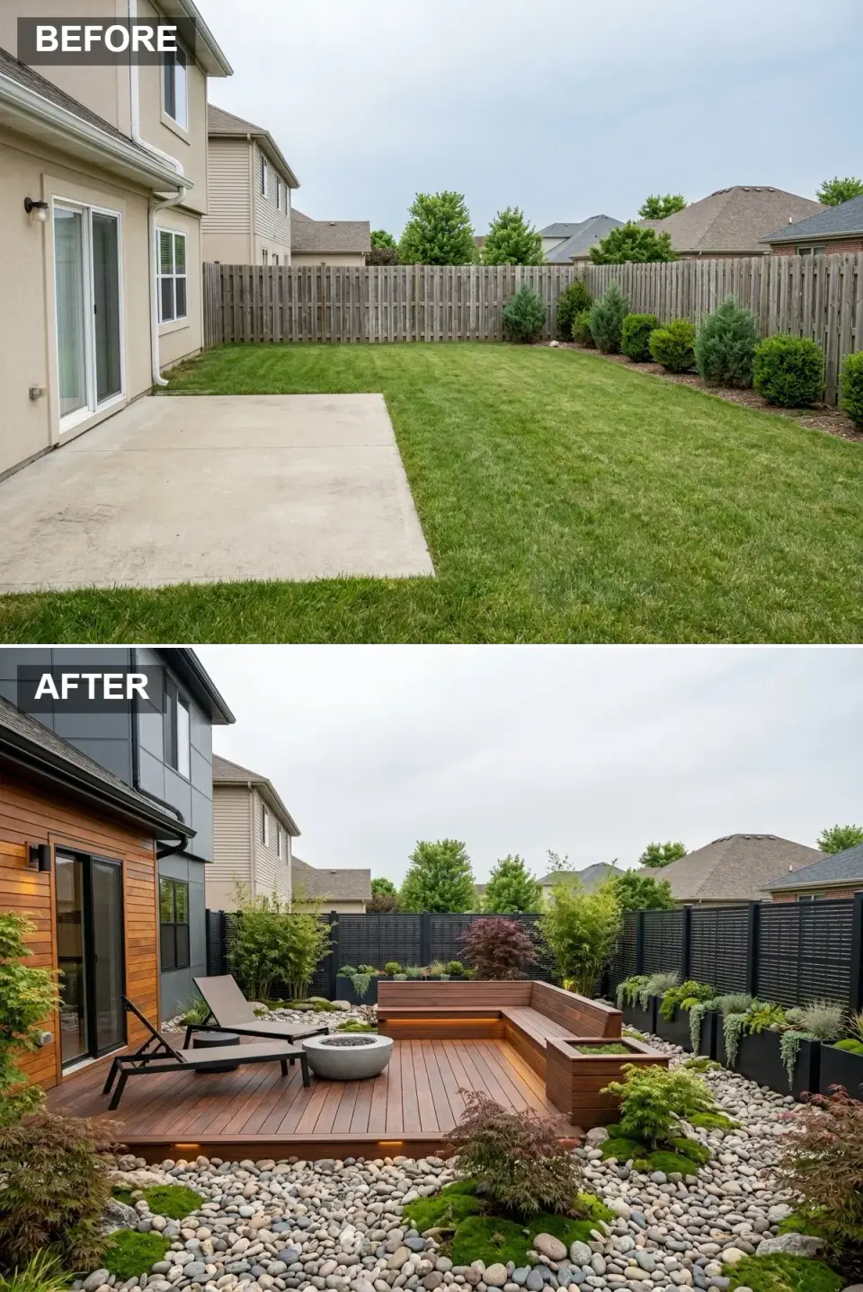 Ultra-modern minimalist backyard with dark ipe wood siding and matching dark deck, built-in bench seating, smooth concrete fire bowl, sculptural Japanese maple, expanse of grey river stones as ground cover, and matte black horizontal slat fence
