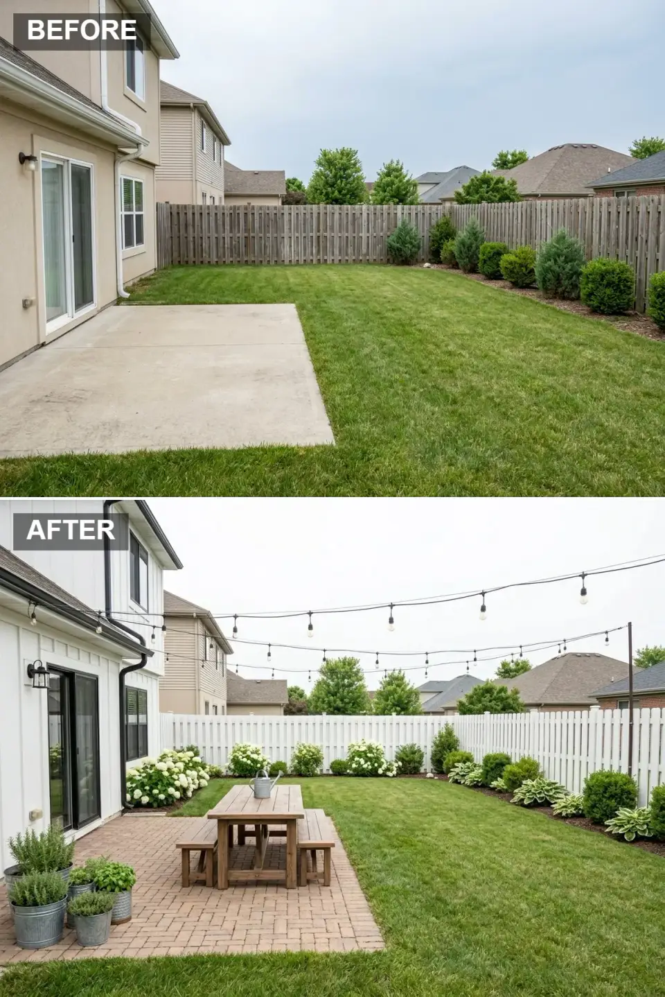 Farmhouse backyard dining with white board-and-batten siding home with black trim, traditional brick paver patio, large rustic reclaimed-wood farmhouse table and benches, classic white picket fence enclosure, overhead string lights, potted herbs and white hydrangeas