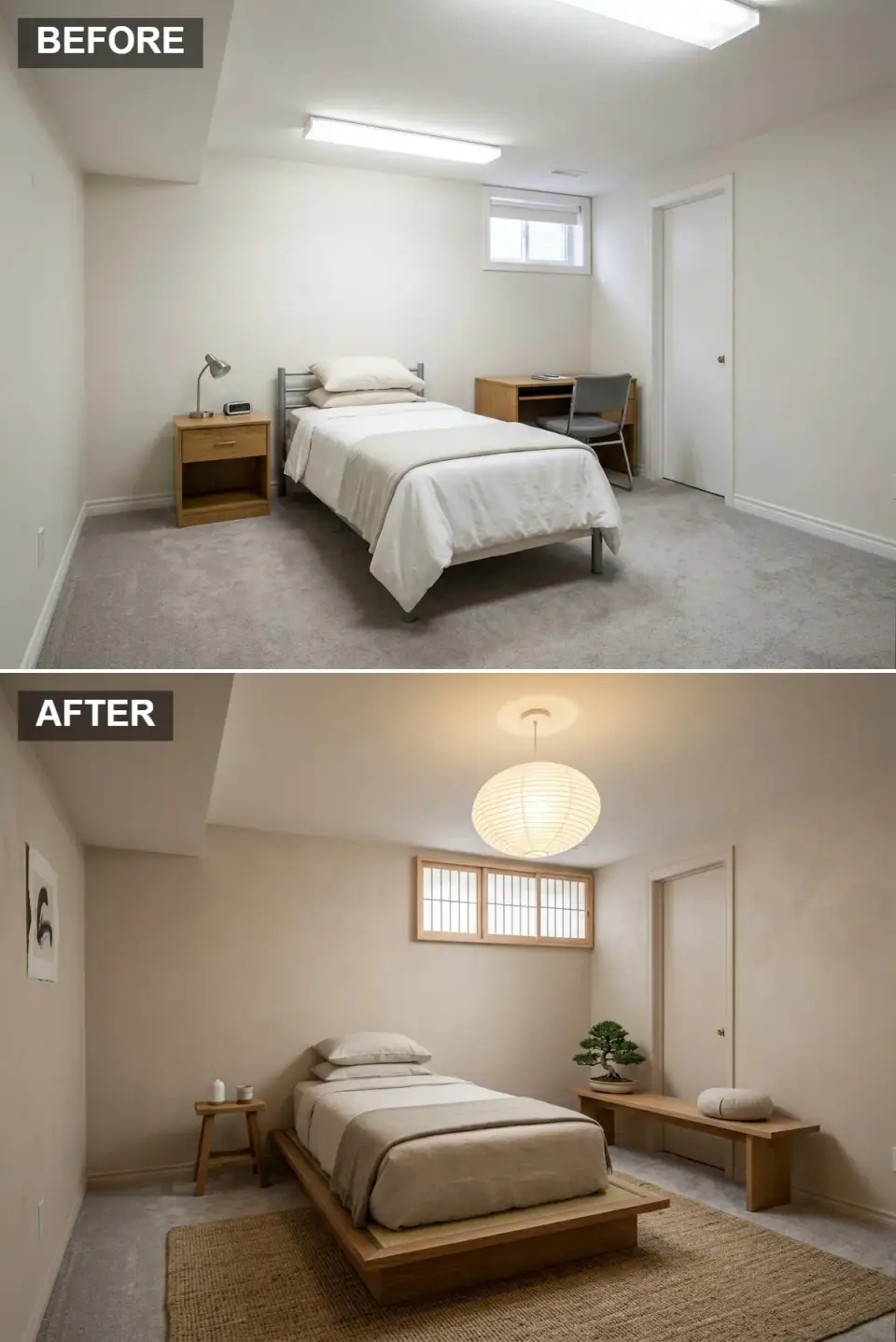 Japandi zen basement guest suite with textured beige plaster walls shoji-style screen window paper pendant lamp low platform bed tatami mat large jute rug simple wooden bench bonsai tree