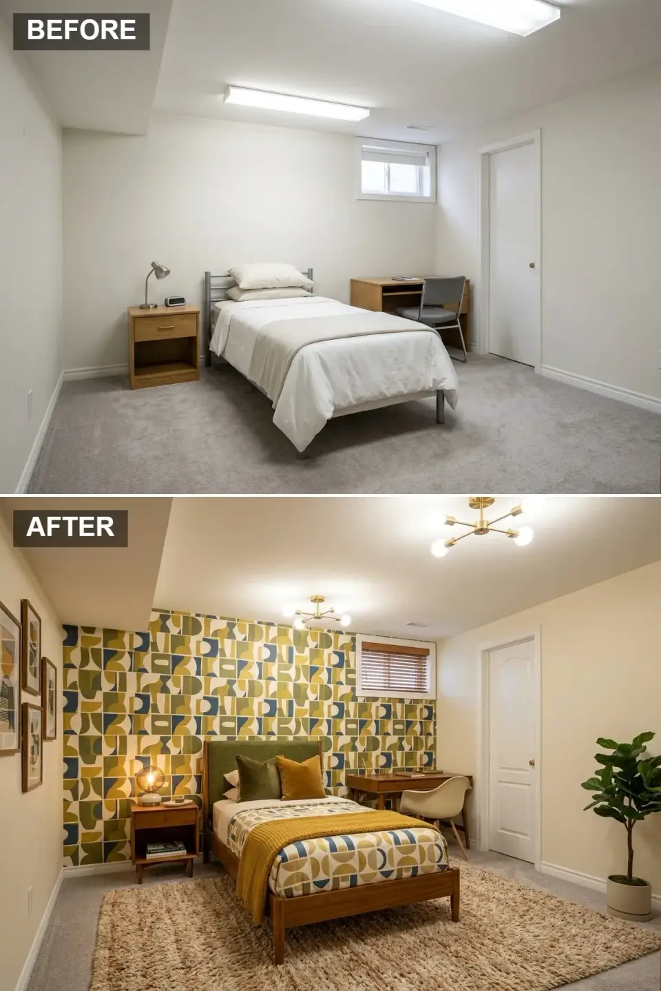 Mid-century basement guest suite with vibrant geometric wallpaper accent wall mid-century modern walnut bed sputnik-style brass light fixtures shag rug vintage-style desk molded plastic chair retro cohesive look