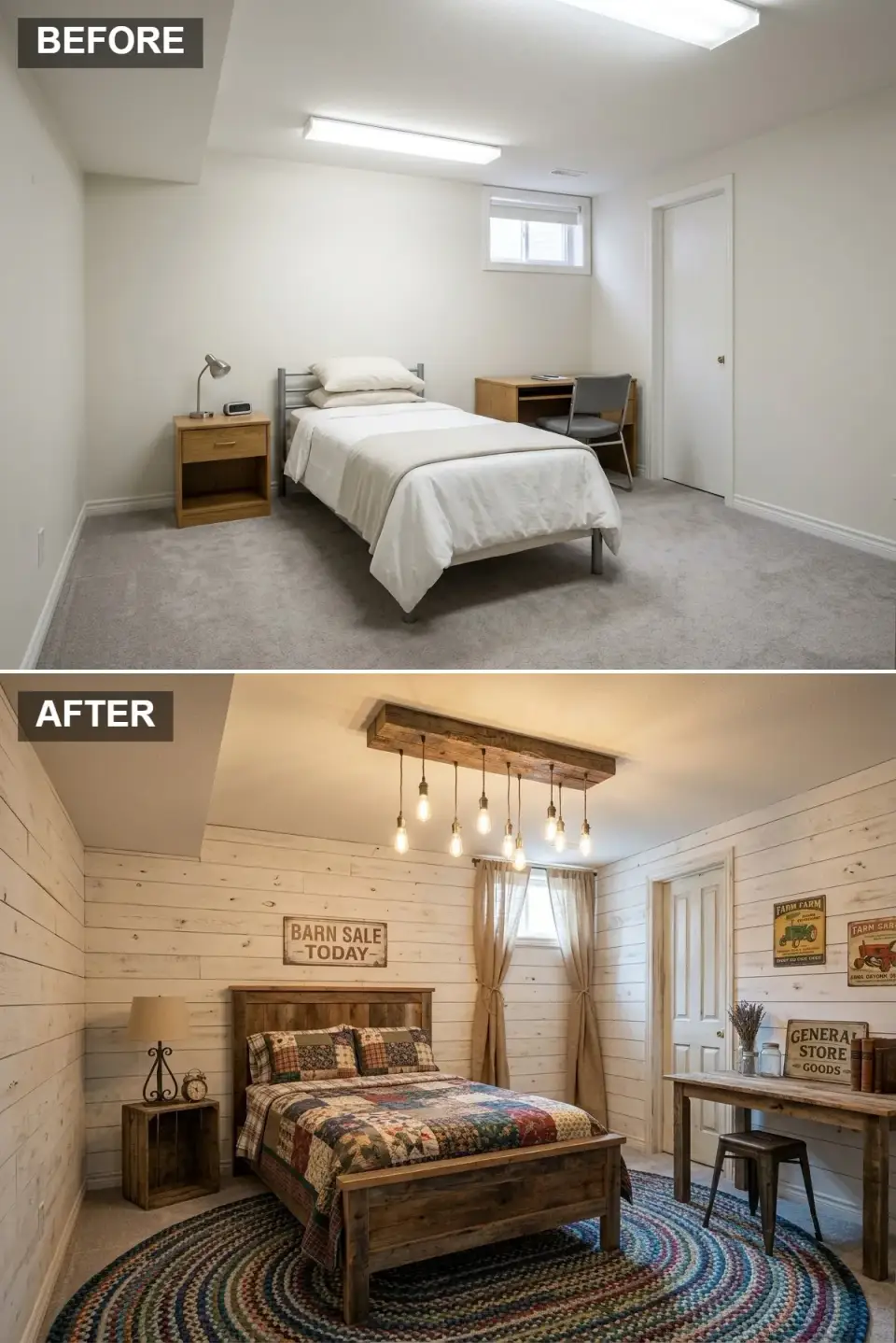 Rustic farmhouse basement guest suite with white shiplap walls reclaimed barn wood beam Edison bulb pendant lighting rustic wood bed frame round braided rug burlap curtains antique signage