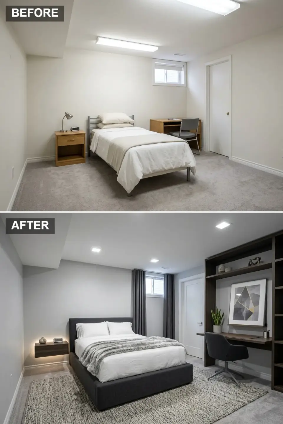 Modern minimalist basement guest suite with cool grey walls custom dark walnut floating built-in shelving and floating desk integrated underlighting upholstered grey bed recessed square ceiling lights