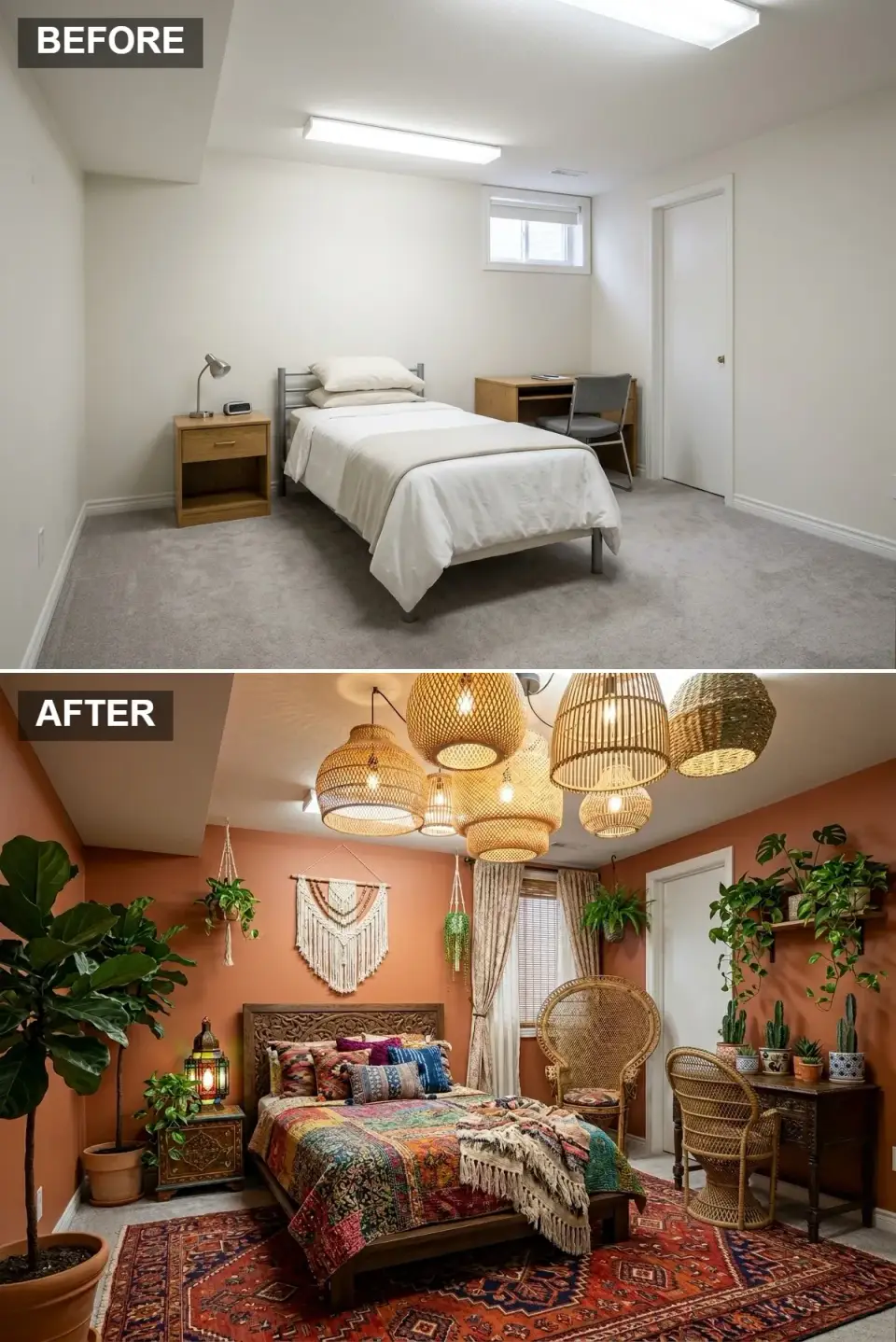 Bohemian basement guest suite with warm terracotta walls cluster of woven pendant lights carved Indian sheesham wood bed macrame wall hanging numerous trailing plants patterned rug peacock chair statement piece