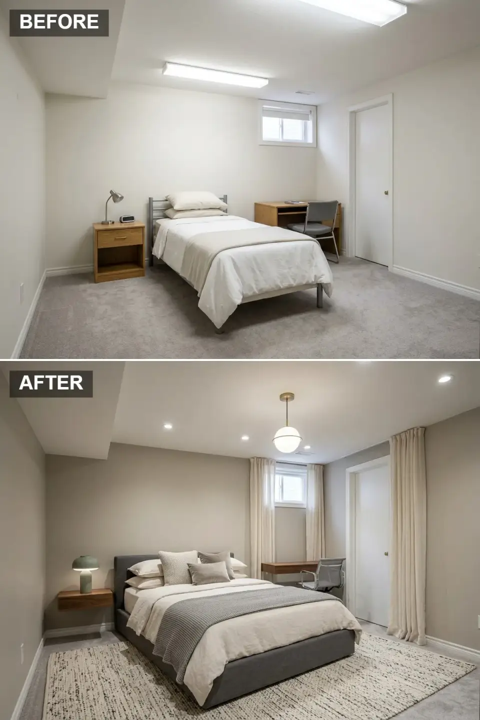 Scandi basement guest suite with soothing greige walls grey upholstered bed layered textured bedding linen wool cotton large area rug sleek wooden floating desk modern chair recessed lights elegant pendant