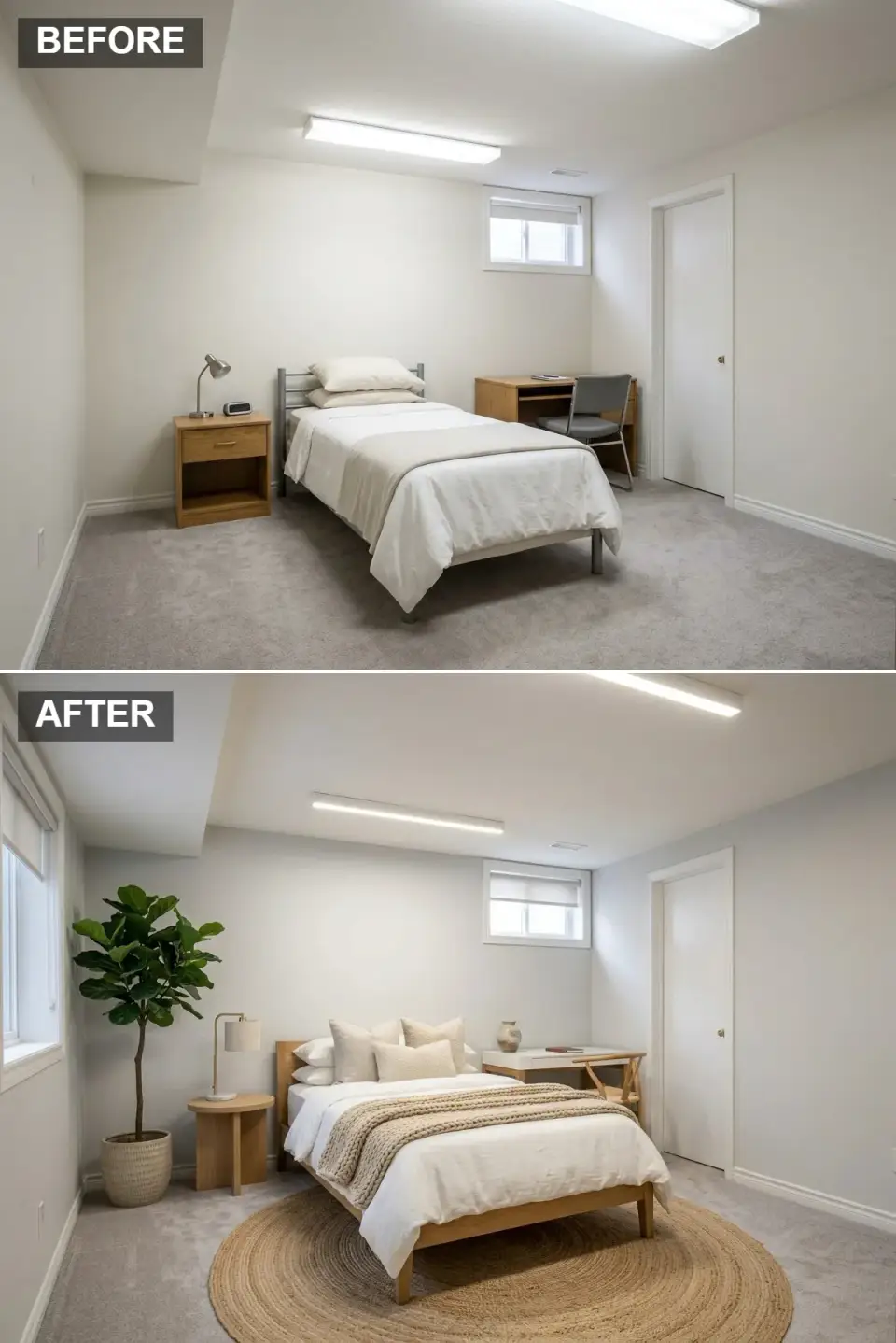 Organic modern basement guest suite with light airy grey walls sleek linear LED light fixture light wood platform bed matching side table large round jute rug fiddle leaf fig tree sculptural natural element